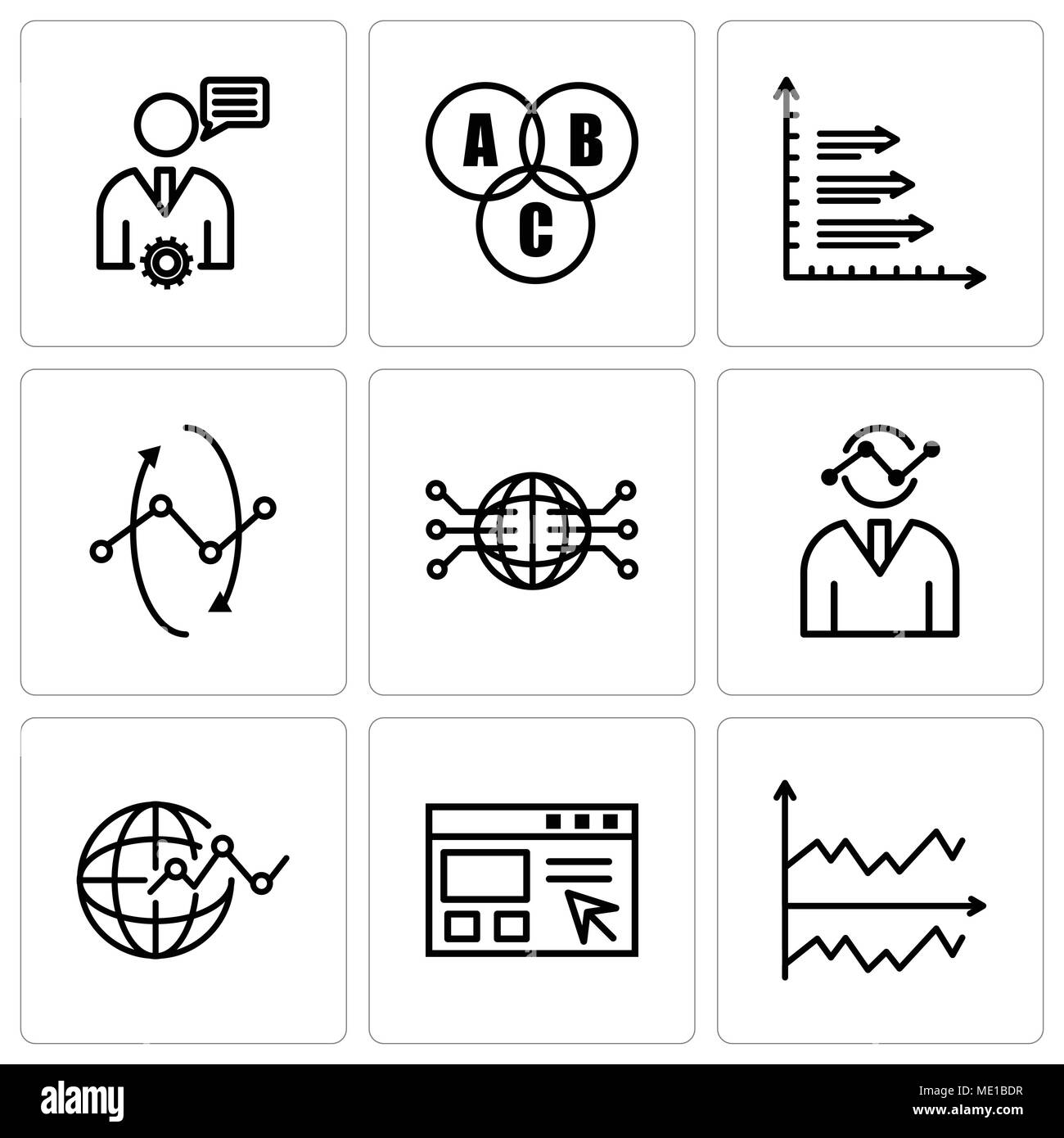 Set Of 9 simple editable icons such as Chart, Data import interface, Flow chart interface, Human graphics, Globe Connected Circuit, Data analytics int Stock Vector