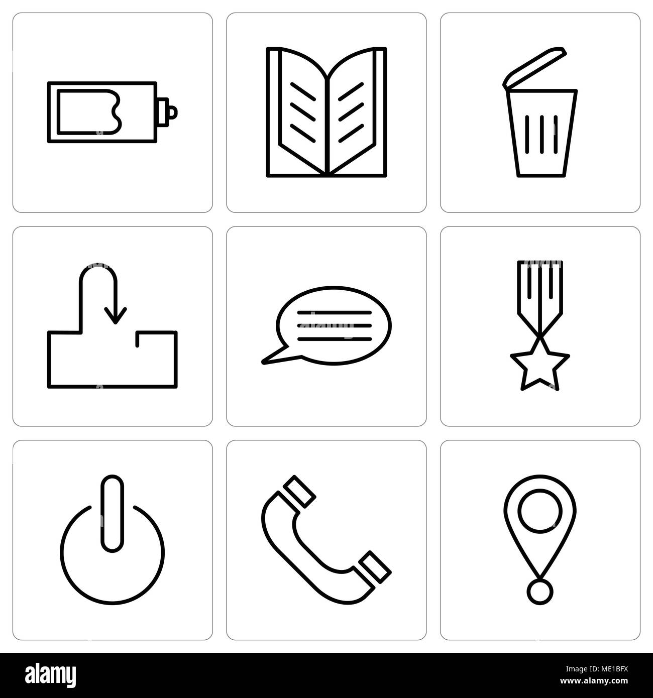Set Of 9 simple editable icons such as Location pointer, Headphones, Power button, Medal with a star, Speech bubble with text, Inbox, Dustbin, Open bo Stock Vector