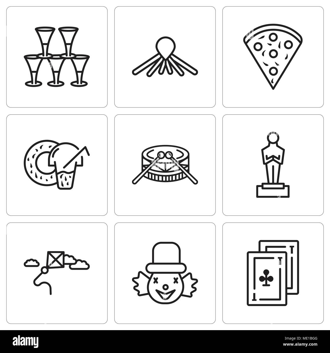Set Of 9 simple editable icons such as Cards, Clown, Kite, Oscar, Drums, Donut, Confetti, Balloon dog, Glasses, can be used for mobile, web UI Stock Vector