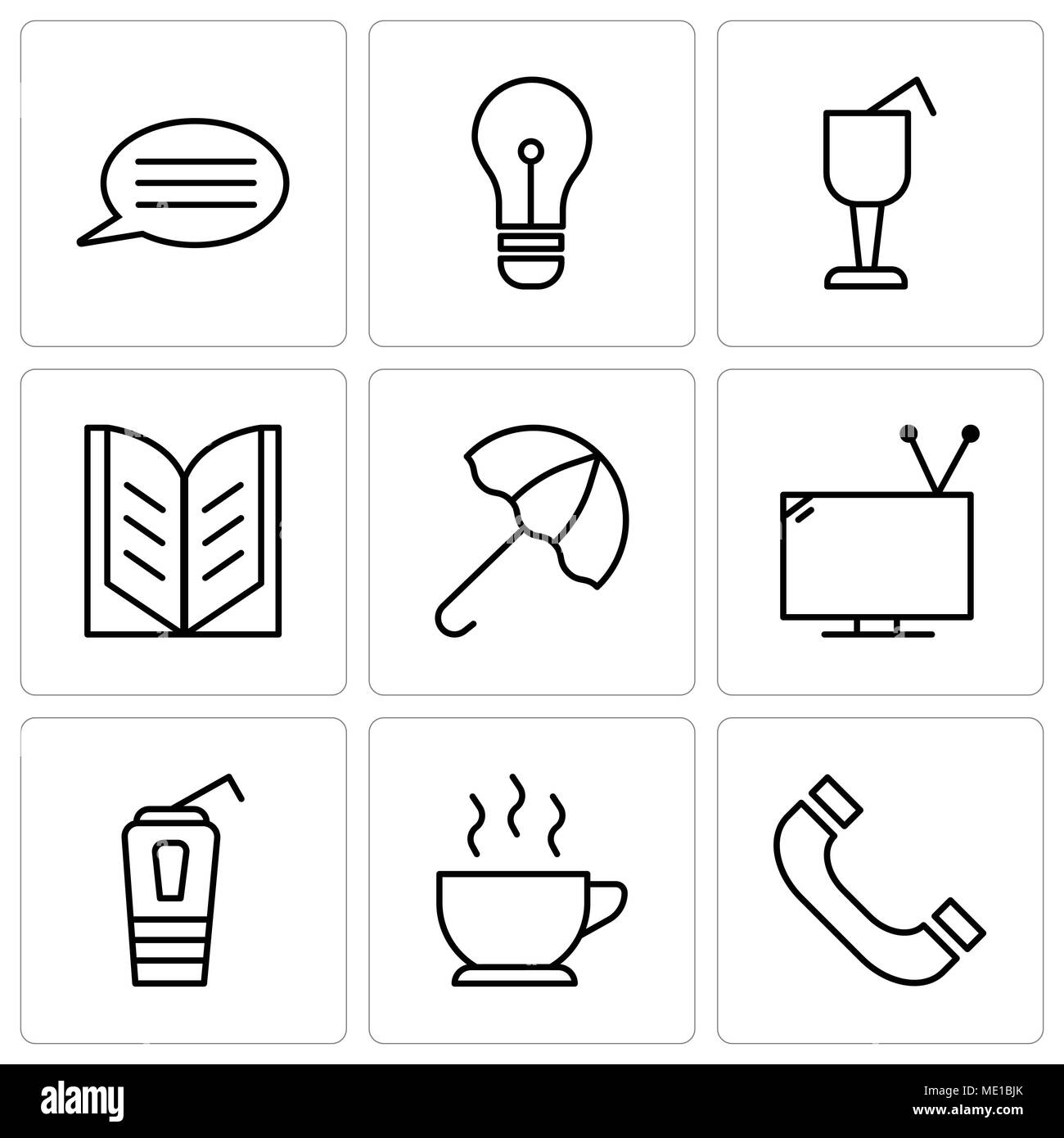 Set Of 9 simple editable icons such as Headphones, Cup of hot coffee, Paper cup with a drinking straw, Television with antenna, Open umbrella, Open bo Stock Vector