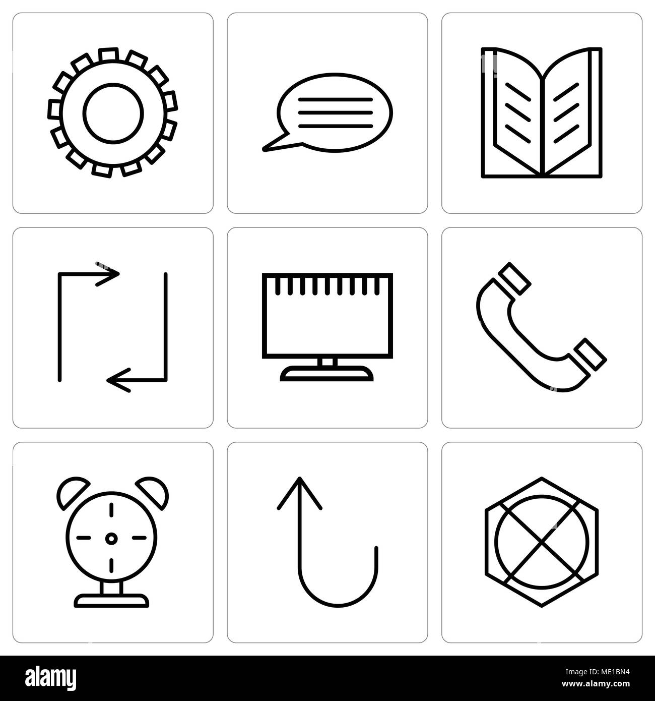 Set Of 9 simple editable icons such as Arrow pointing to up, Cancel button, Alarm clock, Headphones, Television, Update arrows, Open book, Speech bubb Stock Vector