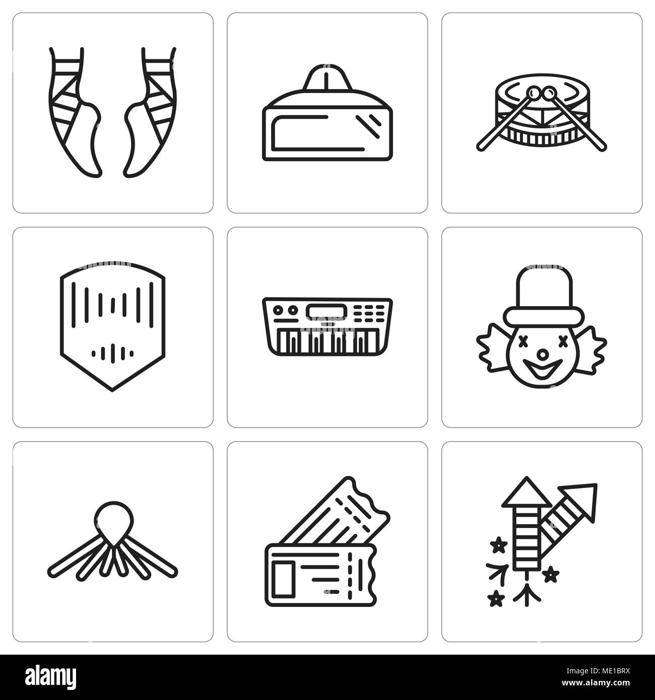 Set Of 9 simple editable icons such as Fireworks, Tickets, Balloon dog, Clown, Synthesizer, Mask, Drums, Vr glasses, Ballet, can be used for mobile, w Stock Vector