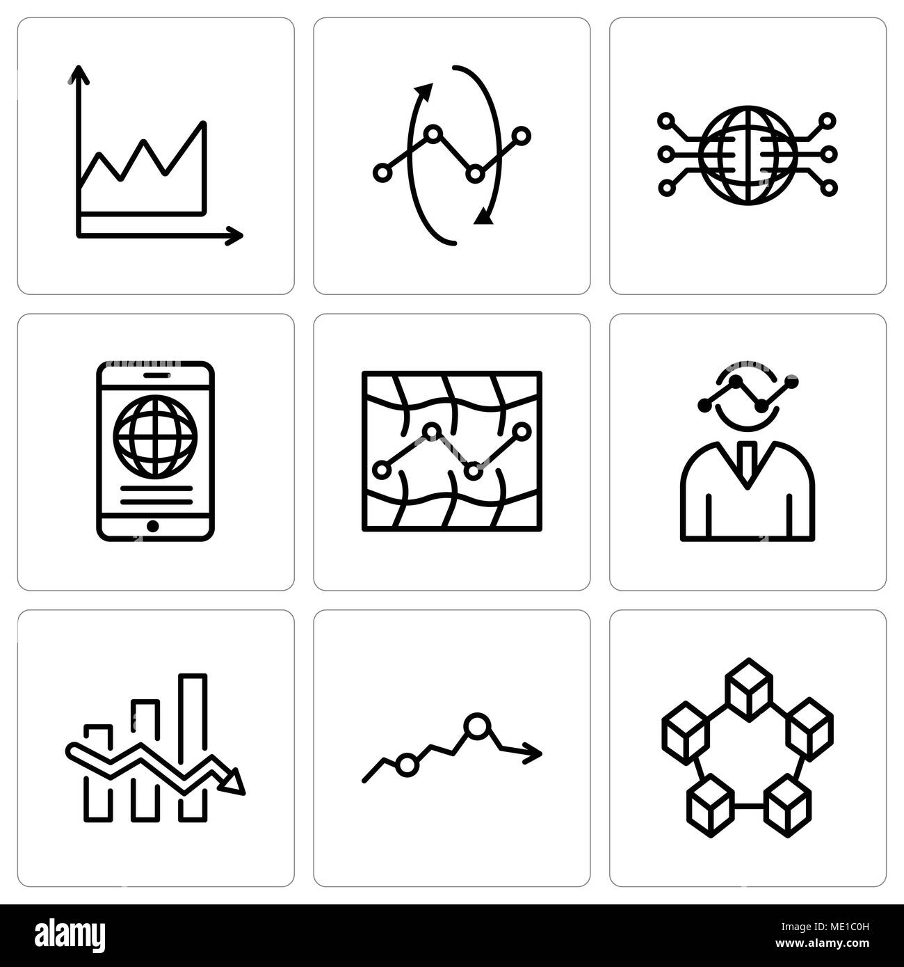 Set Of 9 simple editable icons such as Data interconnected, Missing data on analytics, Data analytics descendant, Human graphics, Stock, Mobile phone  Stock Vector