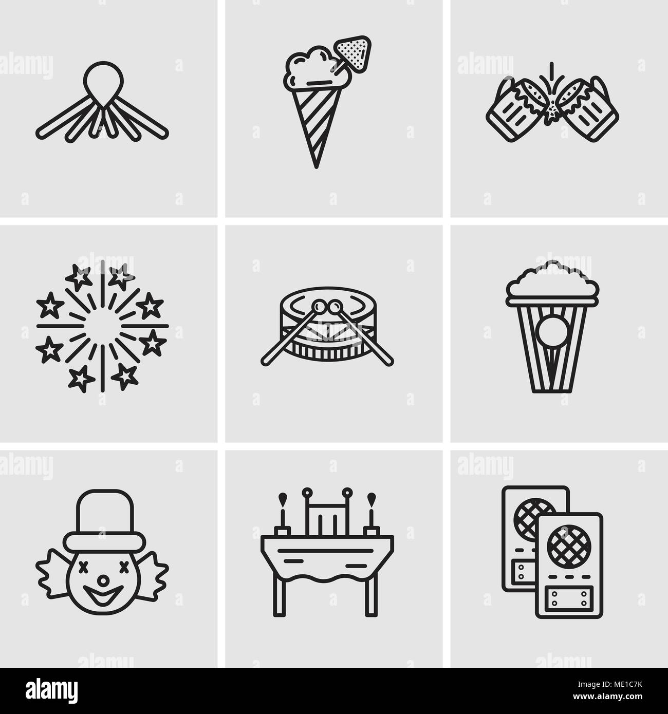 Set Of 9 simple editable icons such as Loudspeaker, Dinner, Clown, Popcorn, Drums, Fireworks, Beer, Ice cream, Balloon dog, can be used for mobile, we Stock Vector
