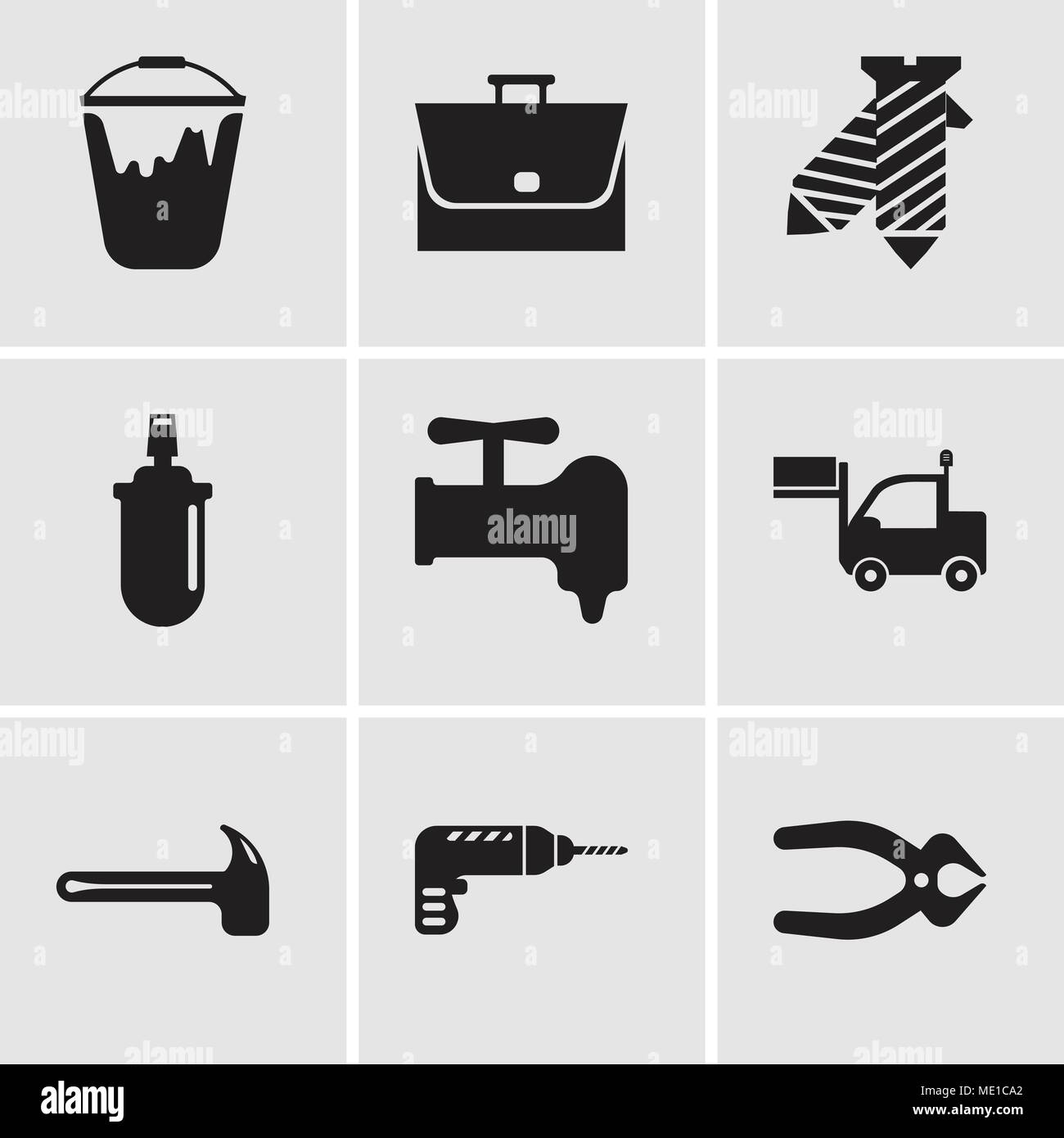 Set Of 9 simple editable icons such as nipper, drill, hammer, lorry, crane, gas can, tie, bag, colour bucket, can be used for mobile, web UI Stock Vector