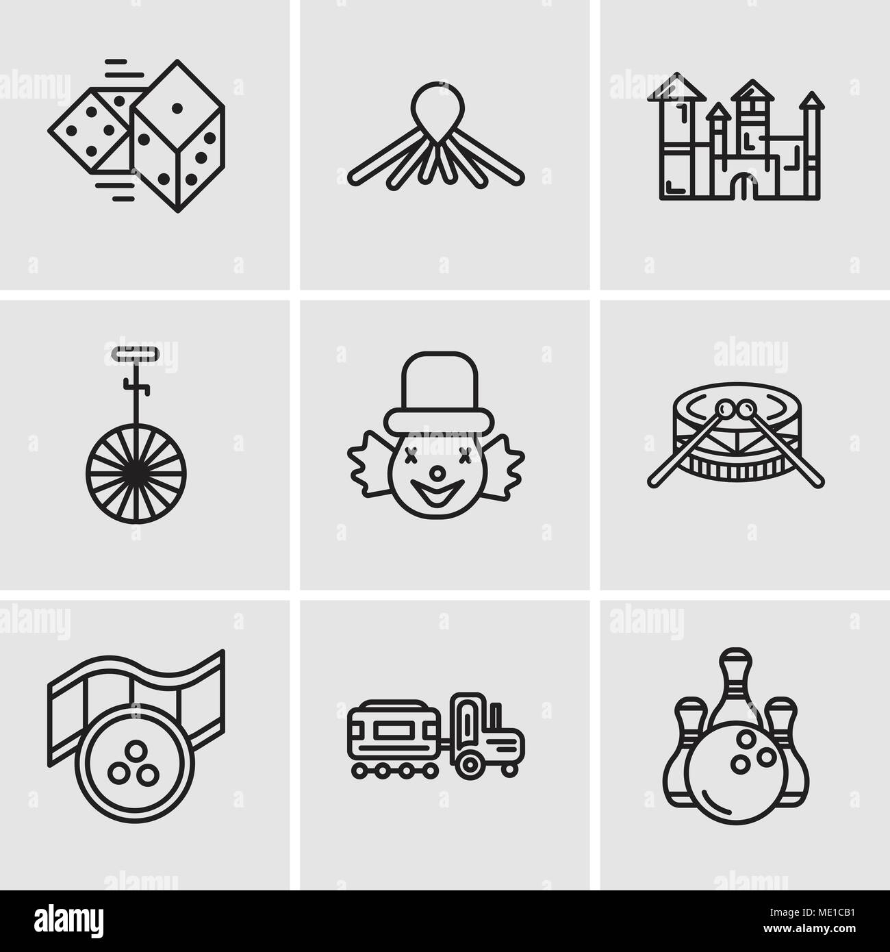 Set Of 9 simple editable icons such as Bowling, Kid, Movie, Drums, Clown, Circus, Disneyland, Balloon dog, Dices, can be used for mobile, web UI Stock Vector