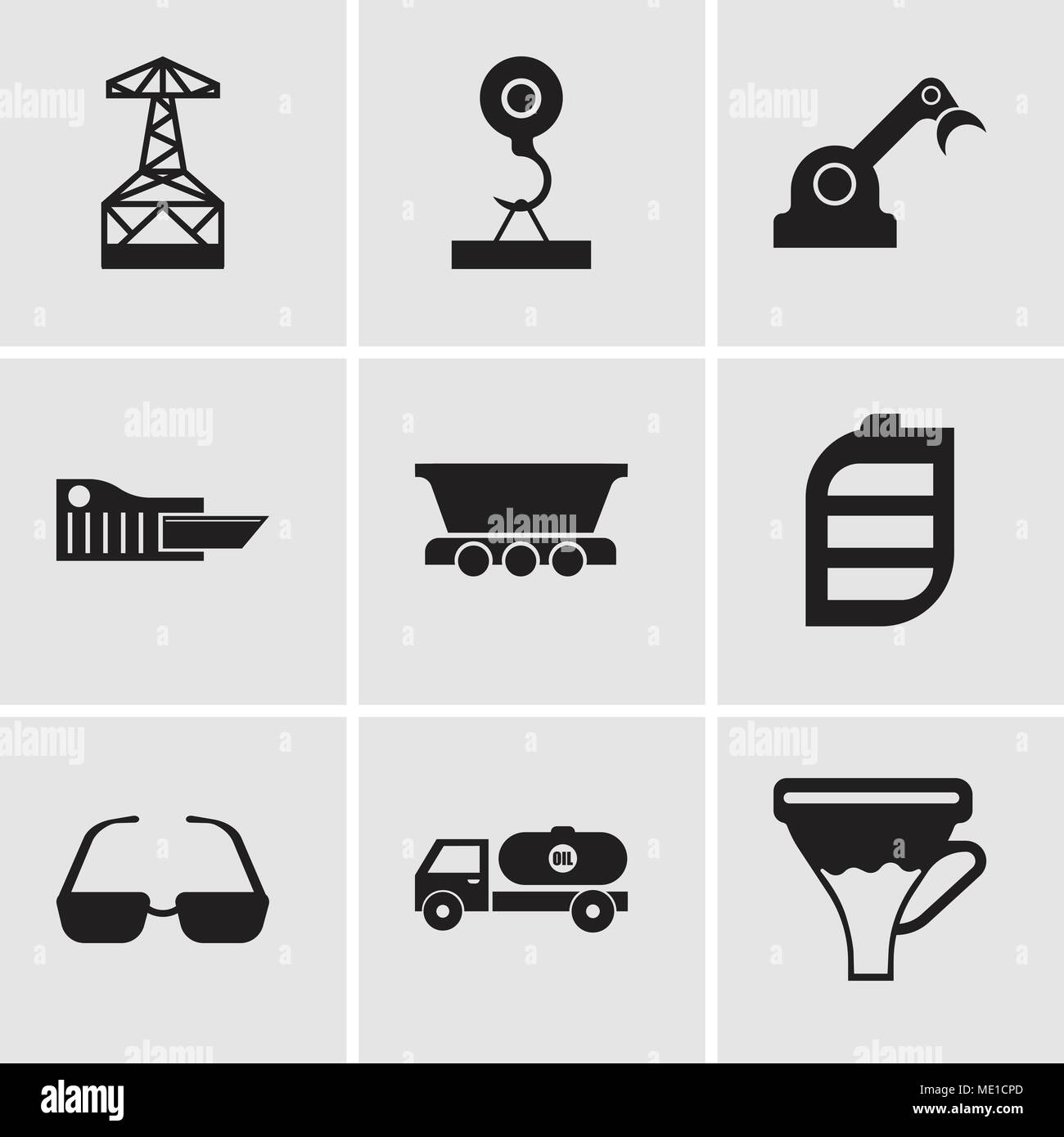 Set Of 9 simple editable icons such as funnel, tipper, sunglasses, battery, freight wagon, cutter, jenny, load crane, oil derrick, can be used for mob Stock Vector