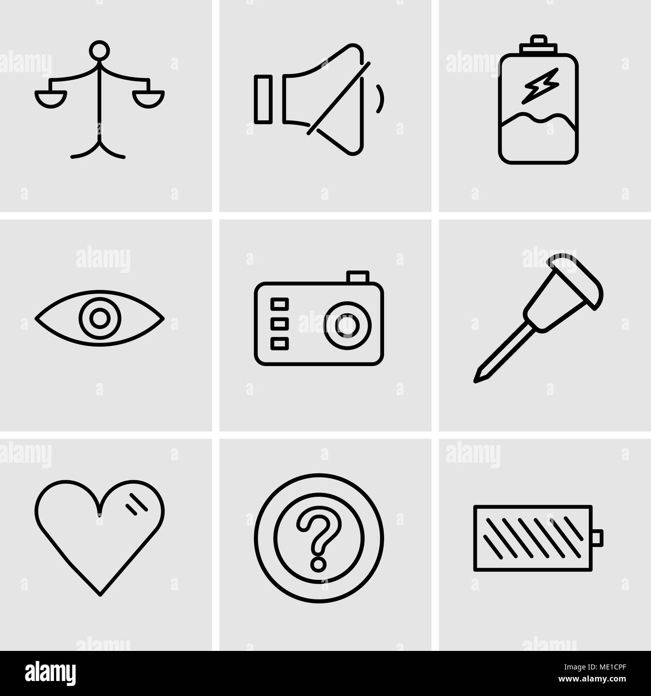 Set Of 9 simple editable icons such as Battery level, Question mark, Heart,  Pushpin, Photo camera, Eye, Battery charging, Volume control, Weighing sca  Stock Vector Image & Art - Alamy