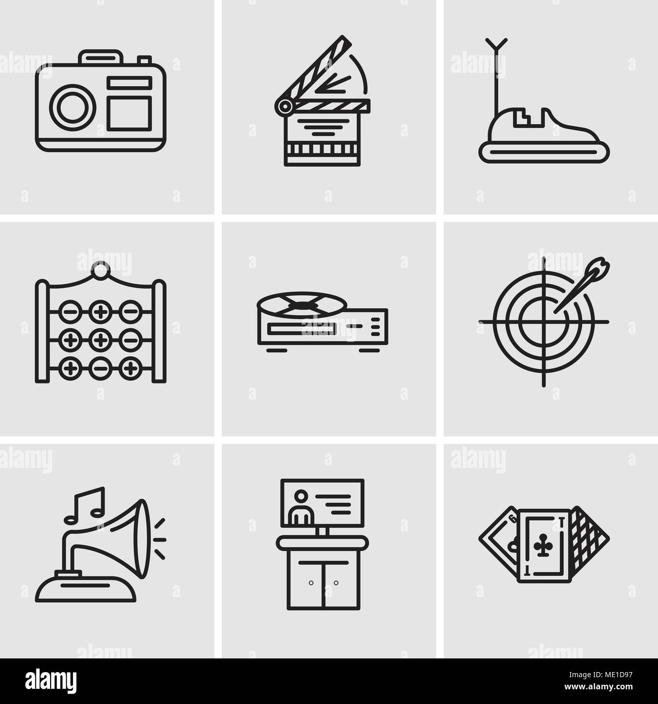 Set Of 9 simple editable icons such as Casino, Tv, Gramphone, Darts, Video recorder, Tic tac toe, Bumper car, Clapperboard, Camera, can be used for mo Stock Vector