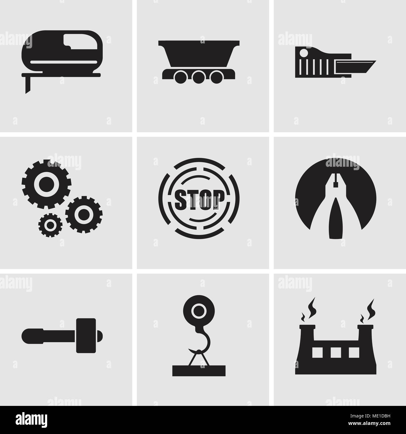 Set Of 9 simple editable icons such as fabric & steam, load crane, hammer, flat plyer, stop, settings, cutter, freight wagon, grinder, can be used for Stock Vector