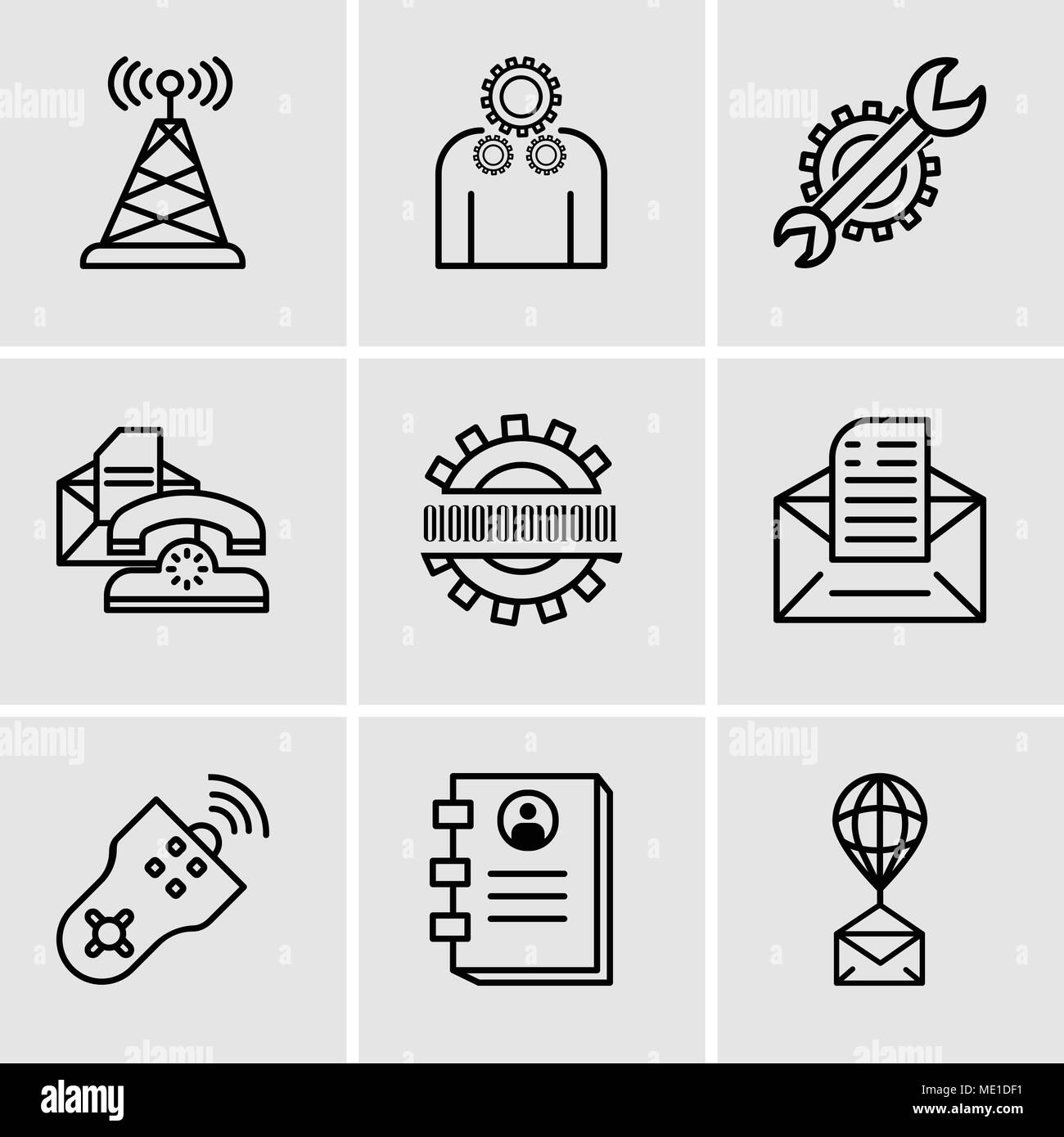 Set Of 9 simple editable icons such as Air balloon, Contact book, Remote control, Email, Binary code, Telephone, Settings, Settings, Antenna, can be u Stock Vector