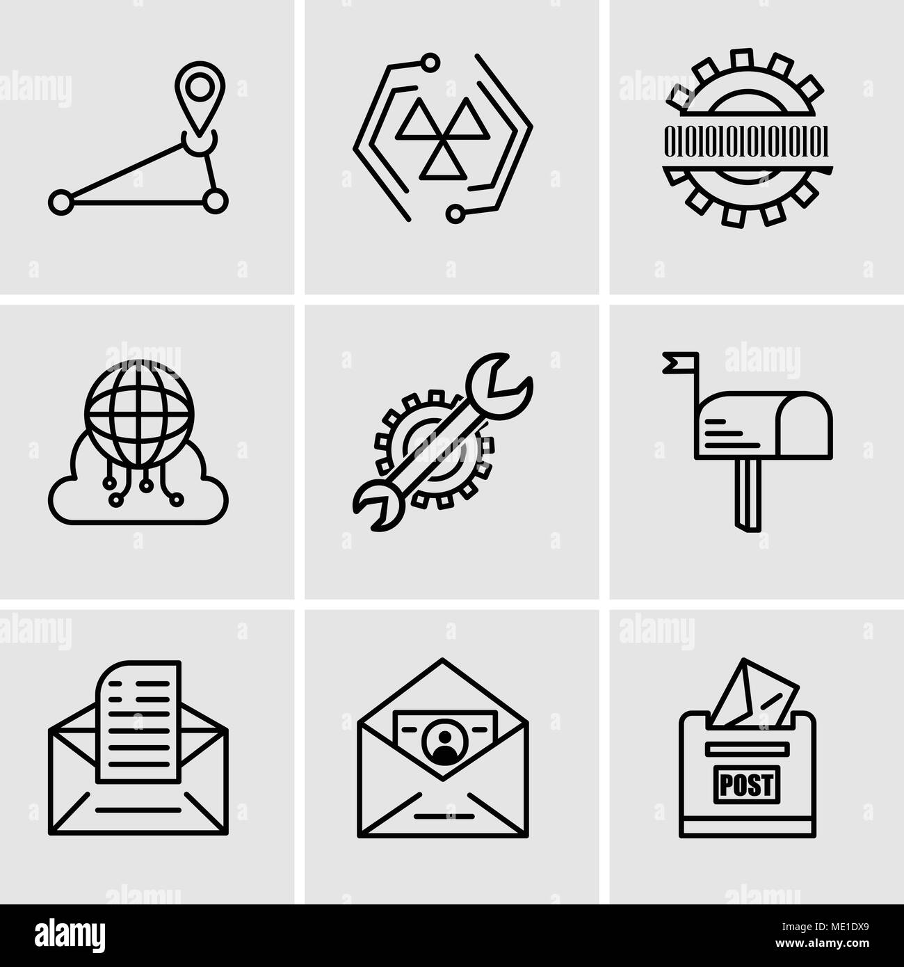 Set Of 9 simple editable icons such as Post box, ID and mail, Email, Mail, Settings, Cloud computing, Binary code, Cells, Pin, can be used for mobile, Stock Vector