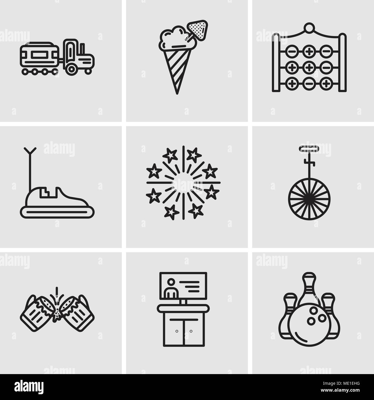 Set Of 9 simple editable icons such as Bowling, Tv, Beer, Circus, Fireworks, Bumper car, Tic tac toe, Ice cream, Kid, can be used for mobile, web UI Stock Vector