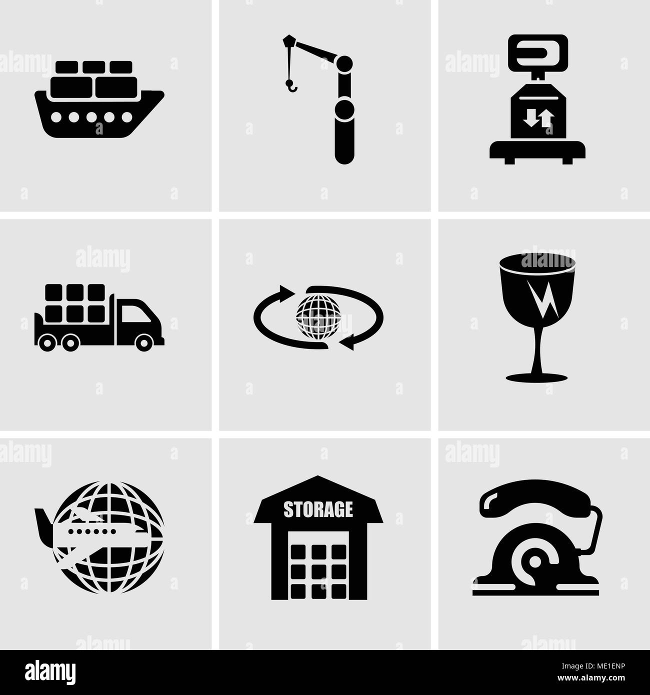 Set Of 9 simple editable icons such as telephone, Storage, Airplane around Earth, Fragile broken glass, International delivery, Boxes storage for deli Stock Vector