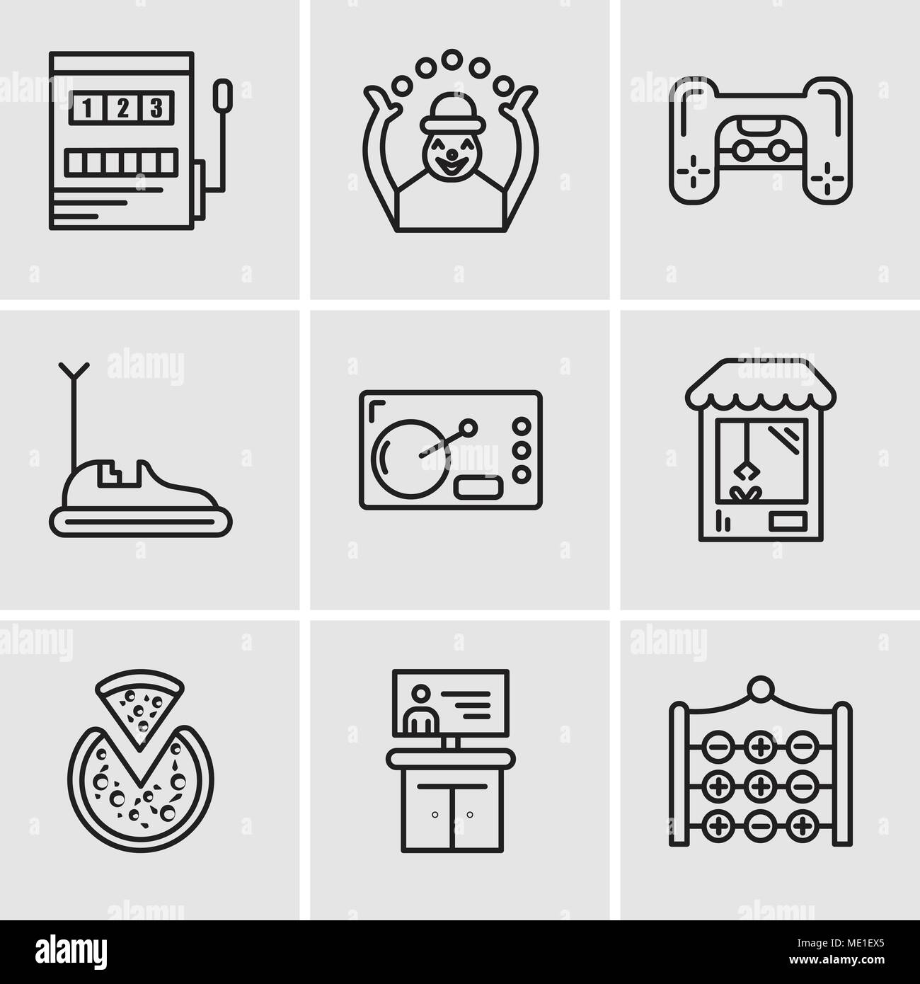 Set Of 9 simple editable icons such as Tic tac toe, Tv, Pizza, Machine, Coffee, Bumper car, Playstation, Monkey, Gaming, can be used for mobile, web U Stock Vector
