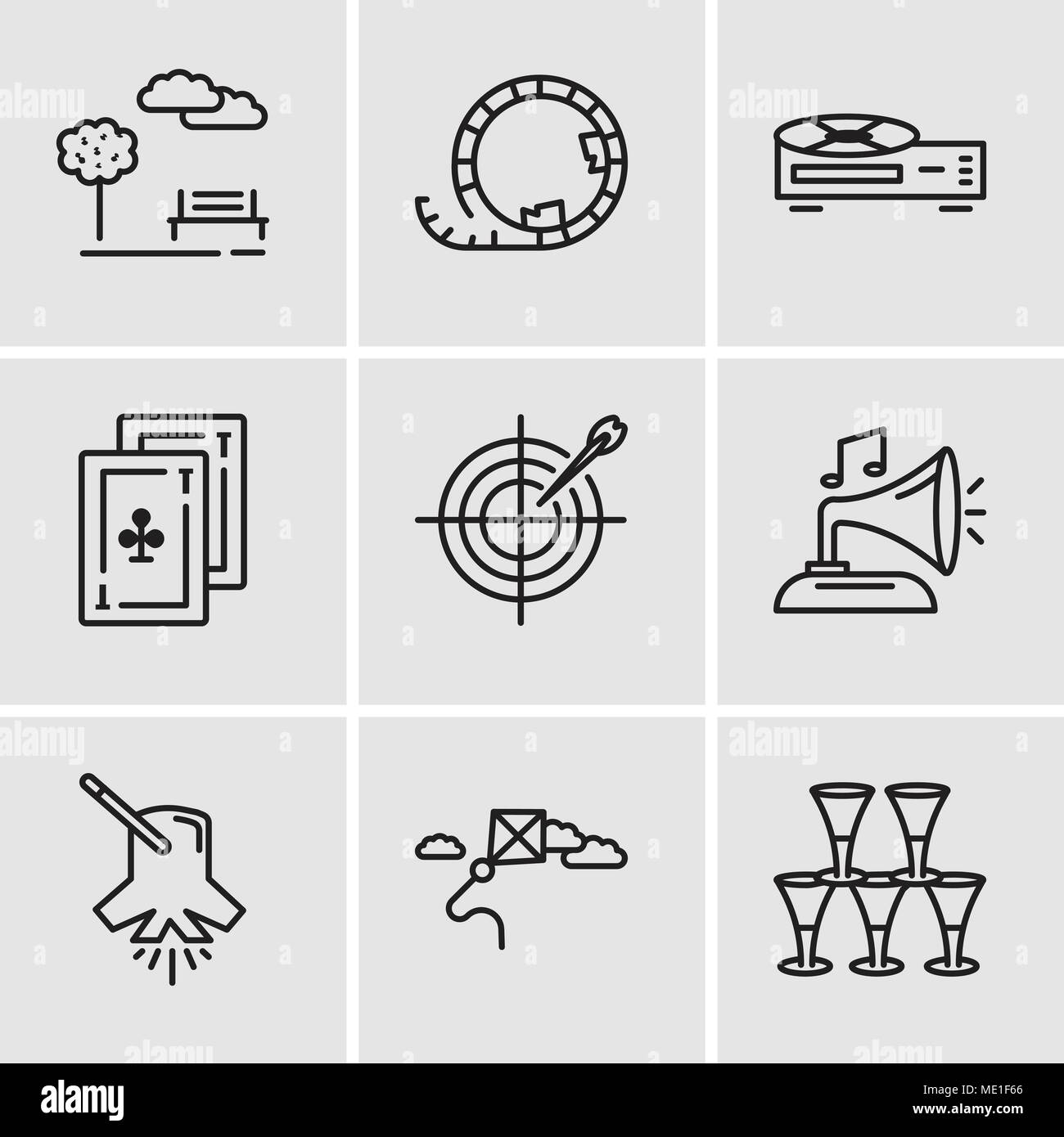 Set Of 9 simple editable icons such as Glasses, Kite, Lighting, Gramphone, Darts, Cards, Video recorder, Roller coaster, Park, can be used for mobile, Stock Vector