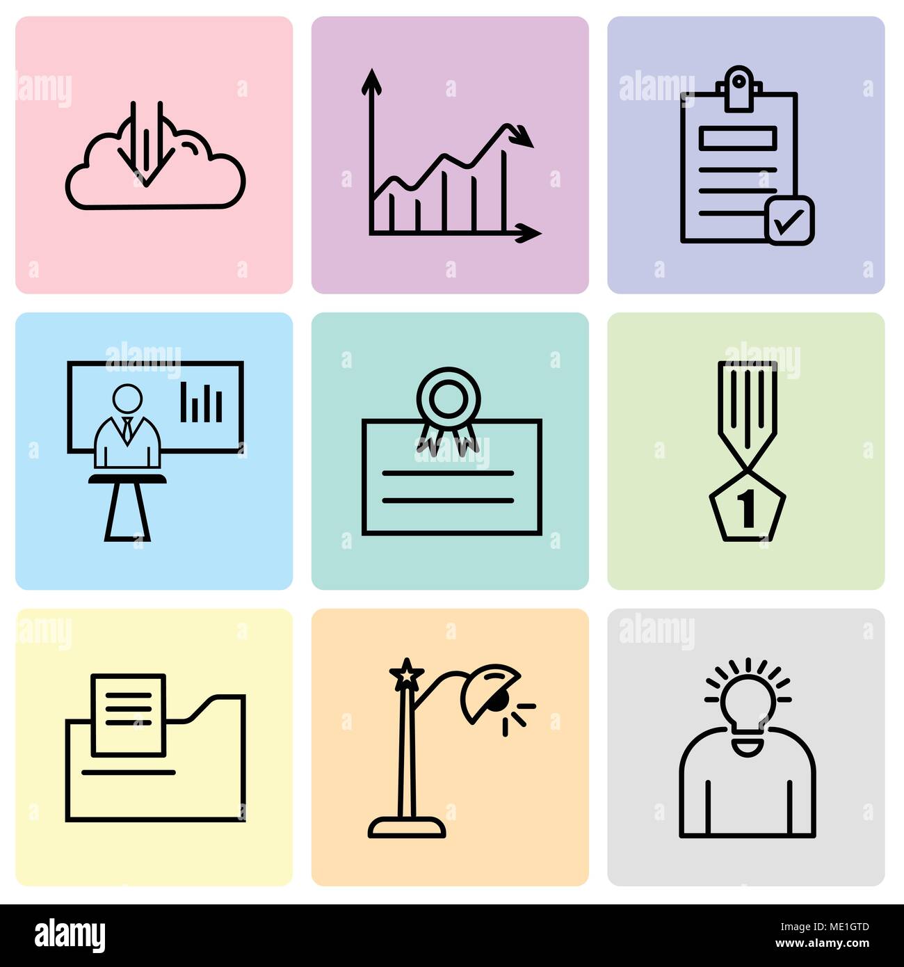 Set Of 9 simple editable icons such as idea, lightbulb, document folder, winner, postcard, news presenter, Check document, Arrow analytc, download, ca Stock Vector