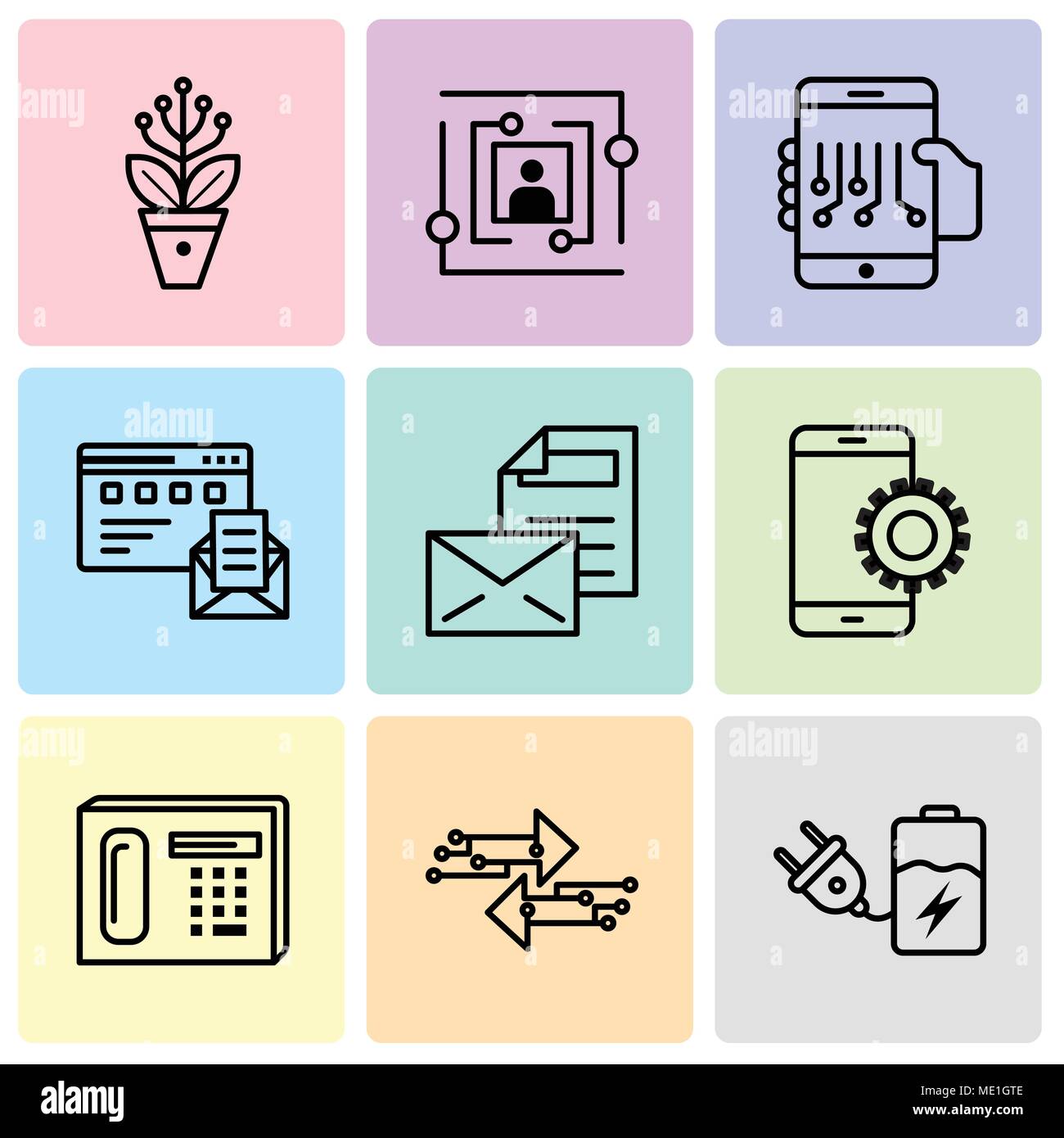 Set Of 9 simple editable icons such as Battery, Transfer, Phone, Setup, Mail, Browser and mail, Smartphone, User, Settings, can be used for mobile, we Stock Vector