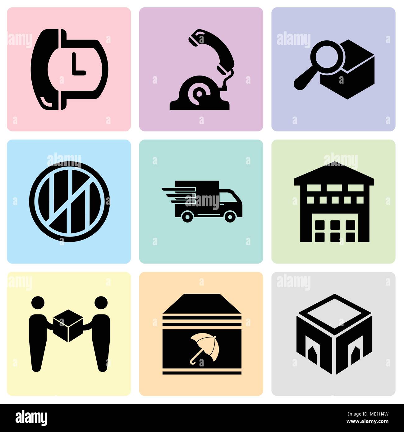 Set Of 9 simple editable icons such as Delivery box, Delivery package with umbrella, Delivery worker giving a box to a receiver, Boxes piles sto insid Stock Vector