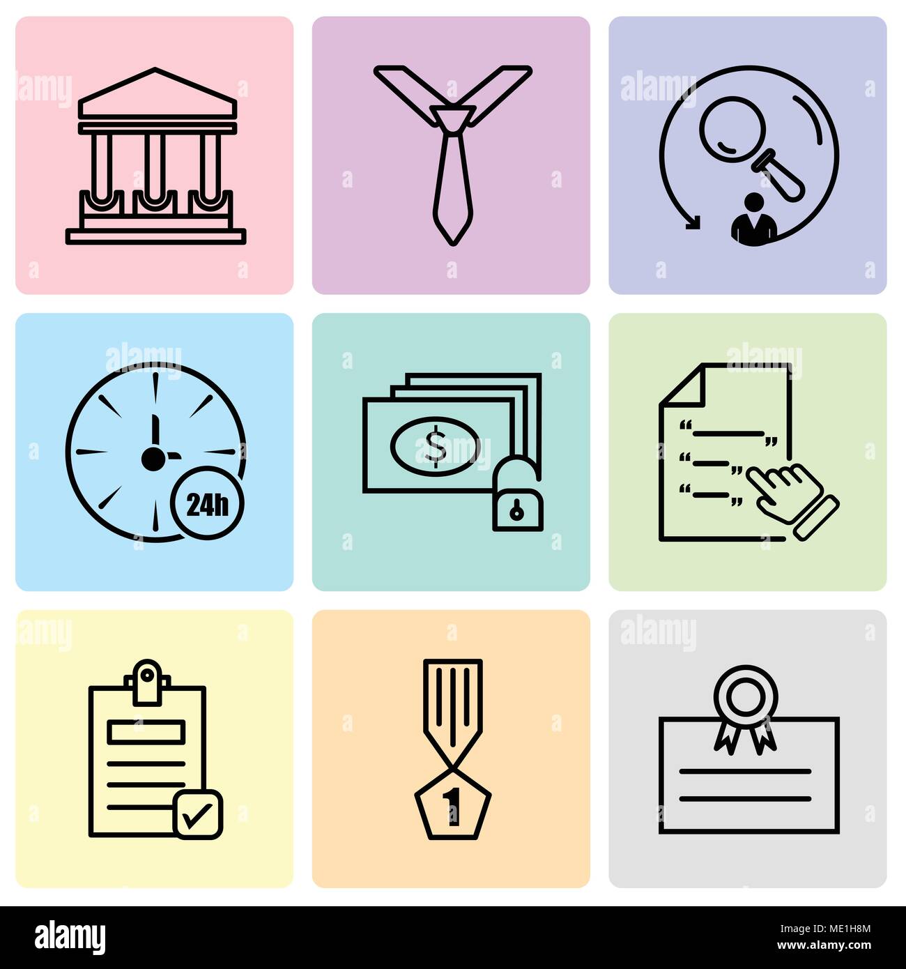 Set Of 9 simple editable icons such as postcard, winner, Check document, Contract, money and key, watch, searching, tie, government building, can be u Stock Vector