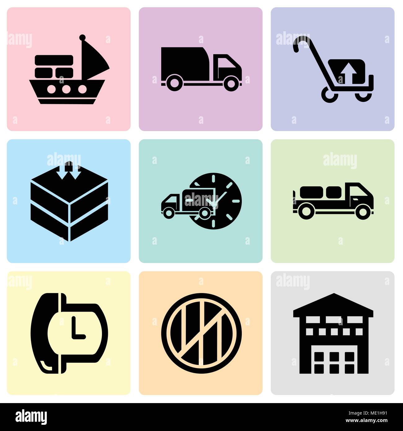 Set Of 9 simple editable icons such as Boxes piles sto inside a garage for delivery, Wood package box of square shape for delivery, Phone auricular an Stock Vector