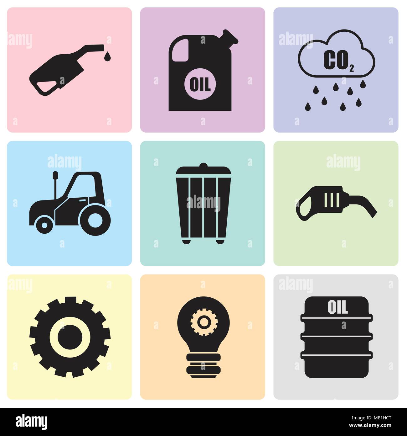 Set Of 9 simple editable icons such as oil, setting lamp, Setting, pump, trash, autotruck, Co2, oil container, pump, can be used for mobile, web UI Stock Vector