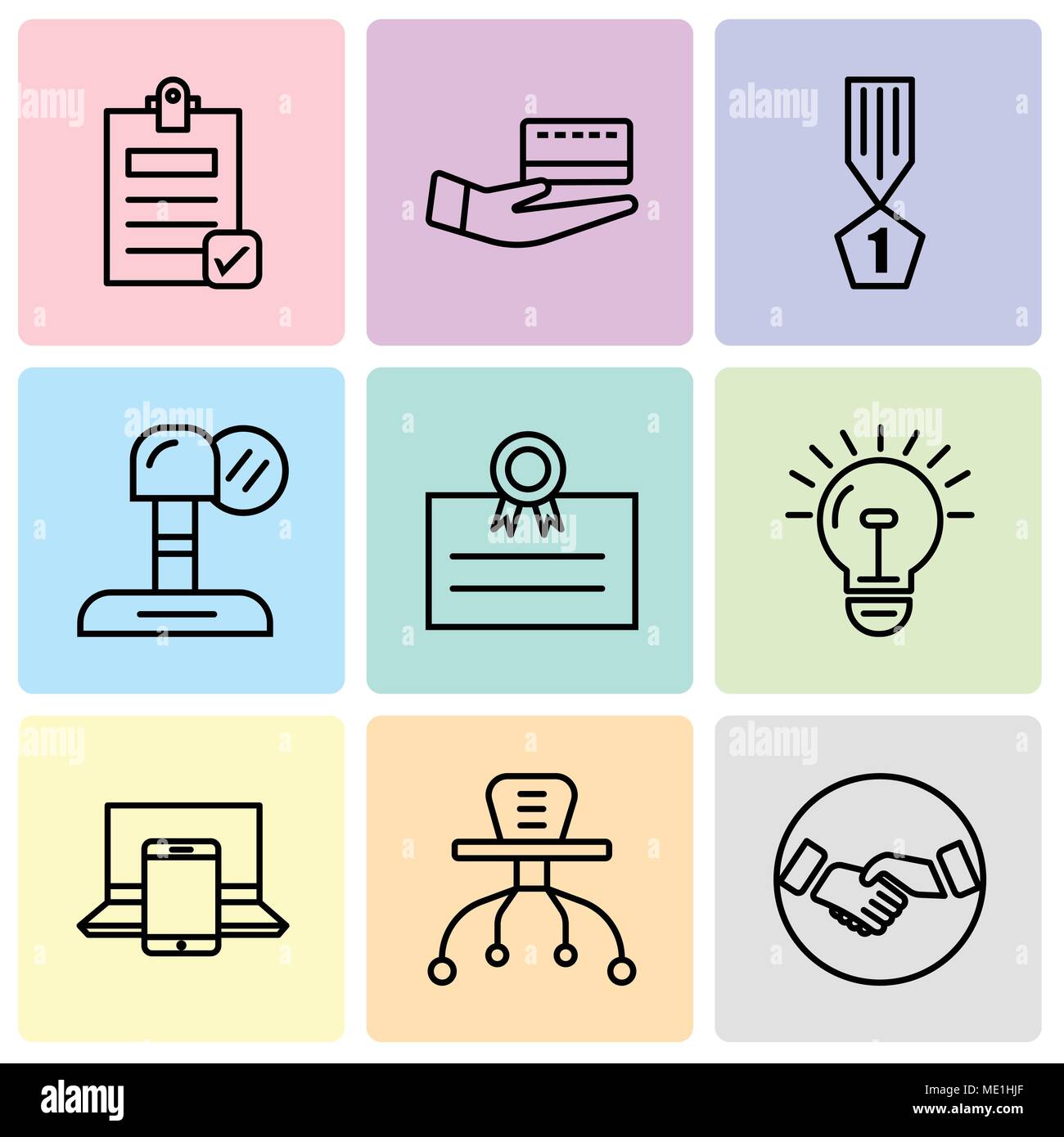 Set Of 9 simple editable icons such as hand shaking, table, electronics, bulb, postcard, microphone, winner, card, Check document, can be used for mob Stock Vector