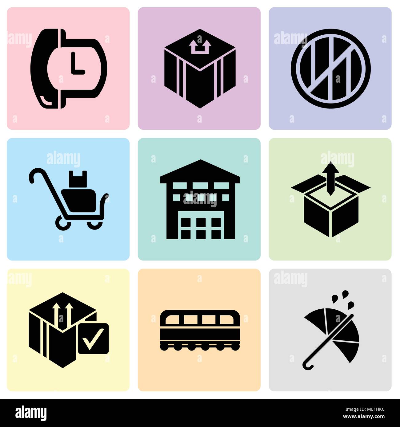 Set Of 9 simple editable icons such as Protection, Train front, Delive box verification, Delivery box package opened with up arrow, Boxes piles sto in Stock Vector