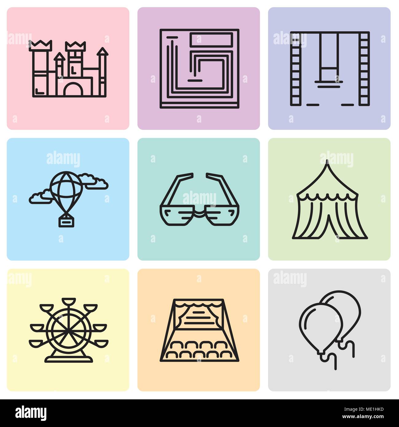 Set Of 9 simple editable icons such as Balloons, Stage, Ferris wheel, Tent, 3d glasses, Hot air balloon, Swings, Board game, Castle, can be used for m Stock Vector
