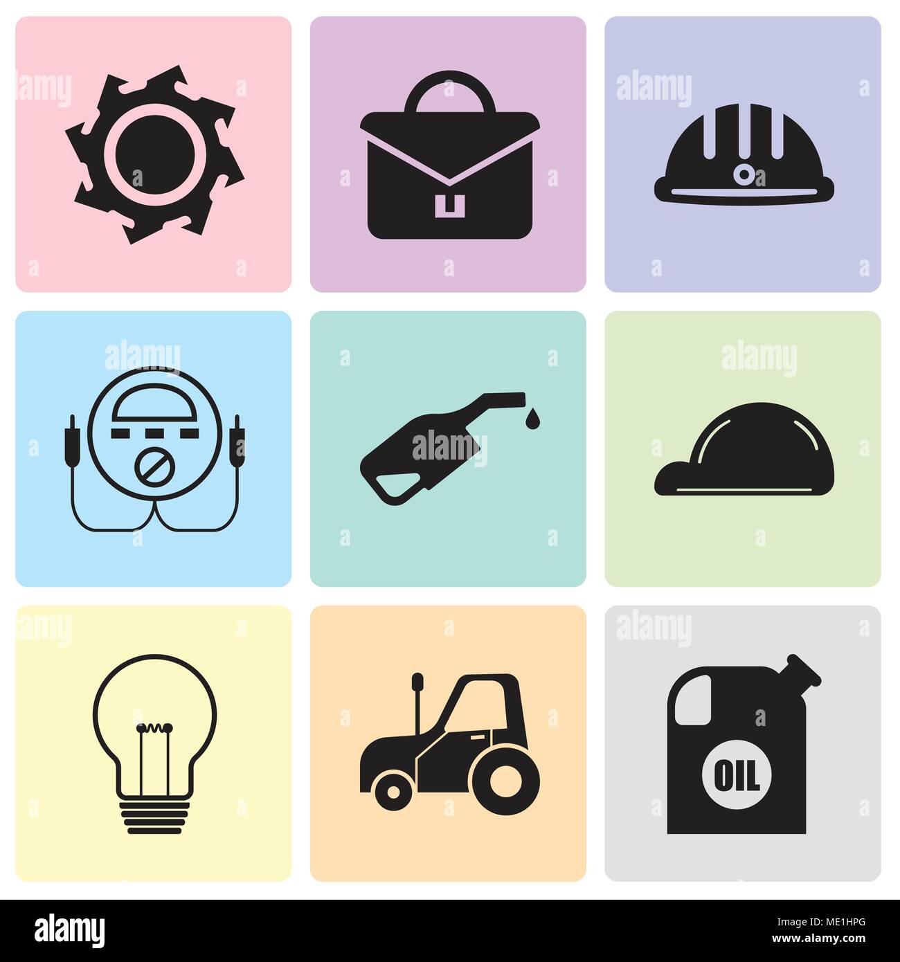 Set Of 9 simple editable icons such as oil container, autotruck, bulb, helmet, pump, energy check, hard hat, portfolio, saw blade, can be used for mob Stock Vector