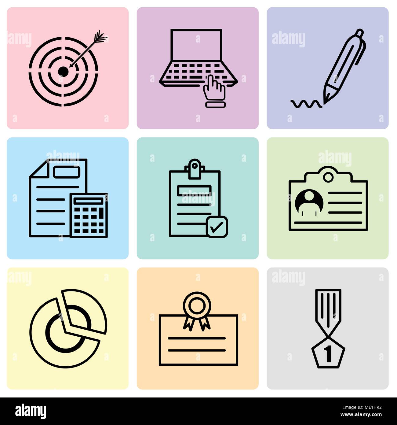 Set Of 9 simple editable icons such as winner, postcard, pie chart, document, Check document, document & calculator, pen, computer, target, can be use Stock Vector