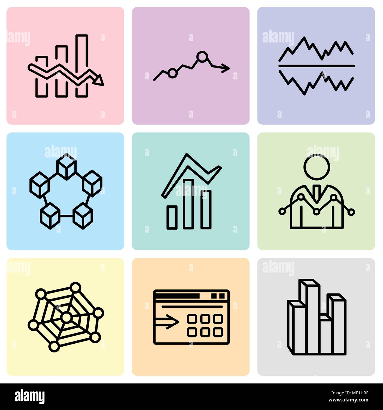Set Of 9 simple editable icons such as Stream graphic, Data export with an arrow, radar chart with pentagon, Data Analyser, Bars and data analytics, D Stock Vector