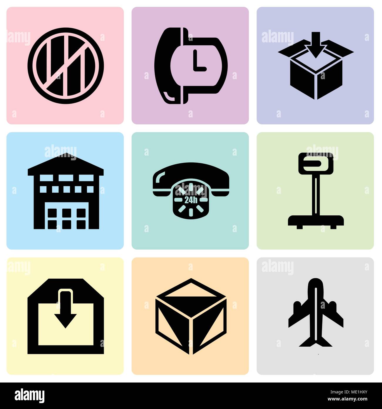 Set Of 9 simple editable icons such as Airplane in vertical ascending position, Package cube box for delivery, Delivery of a box, Logistics weight sca Stock Vector