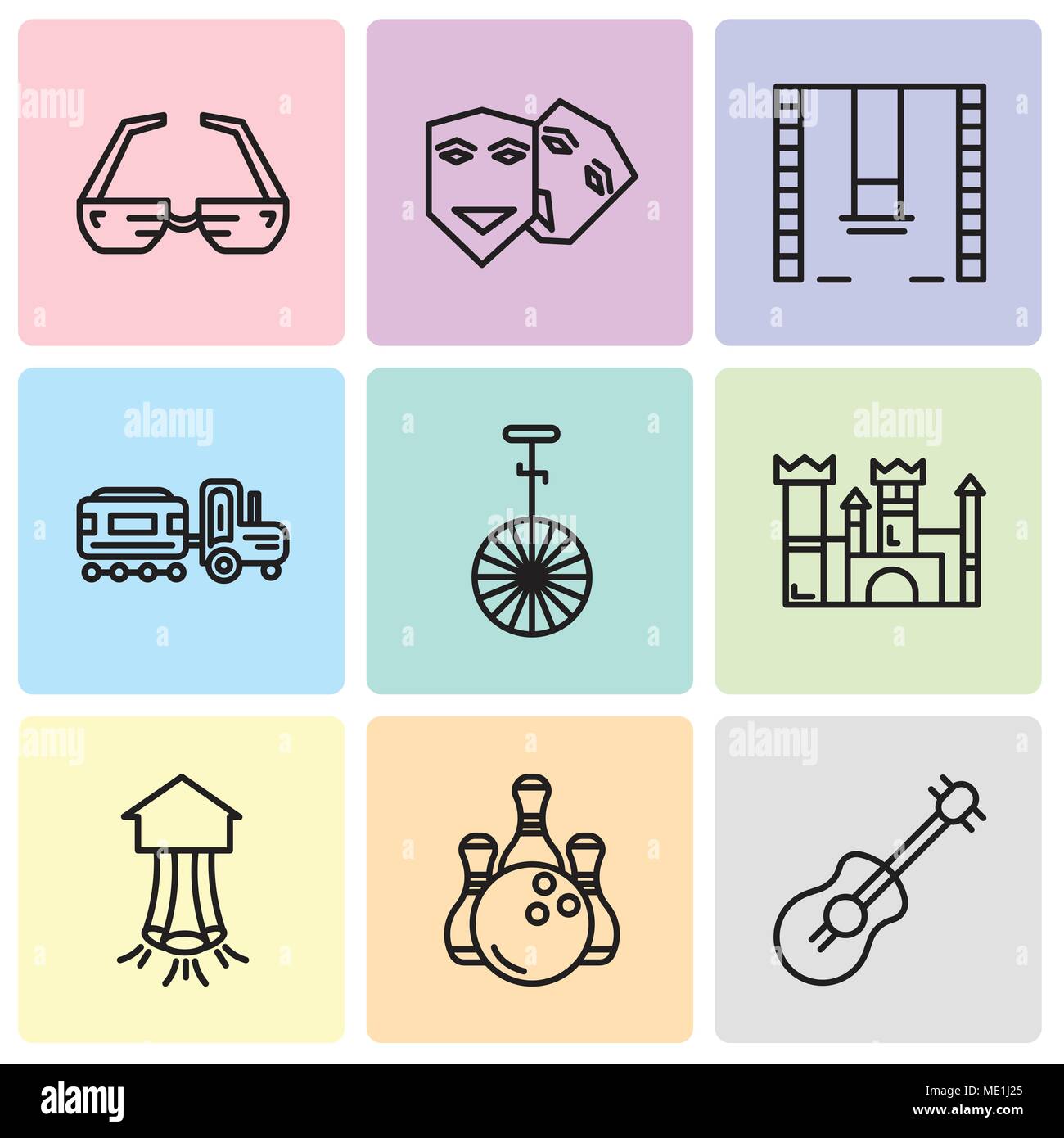 Set Of 9 simple editable icons such as Guitar, Bowling, Park, Castle, Circus, Kid, Swings, Theater, 3d glasses, can be used for mobile, web UI Stock Vector