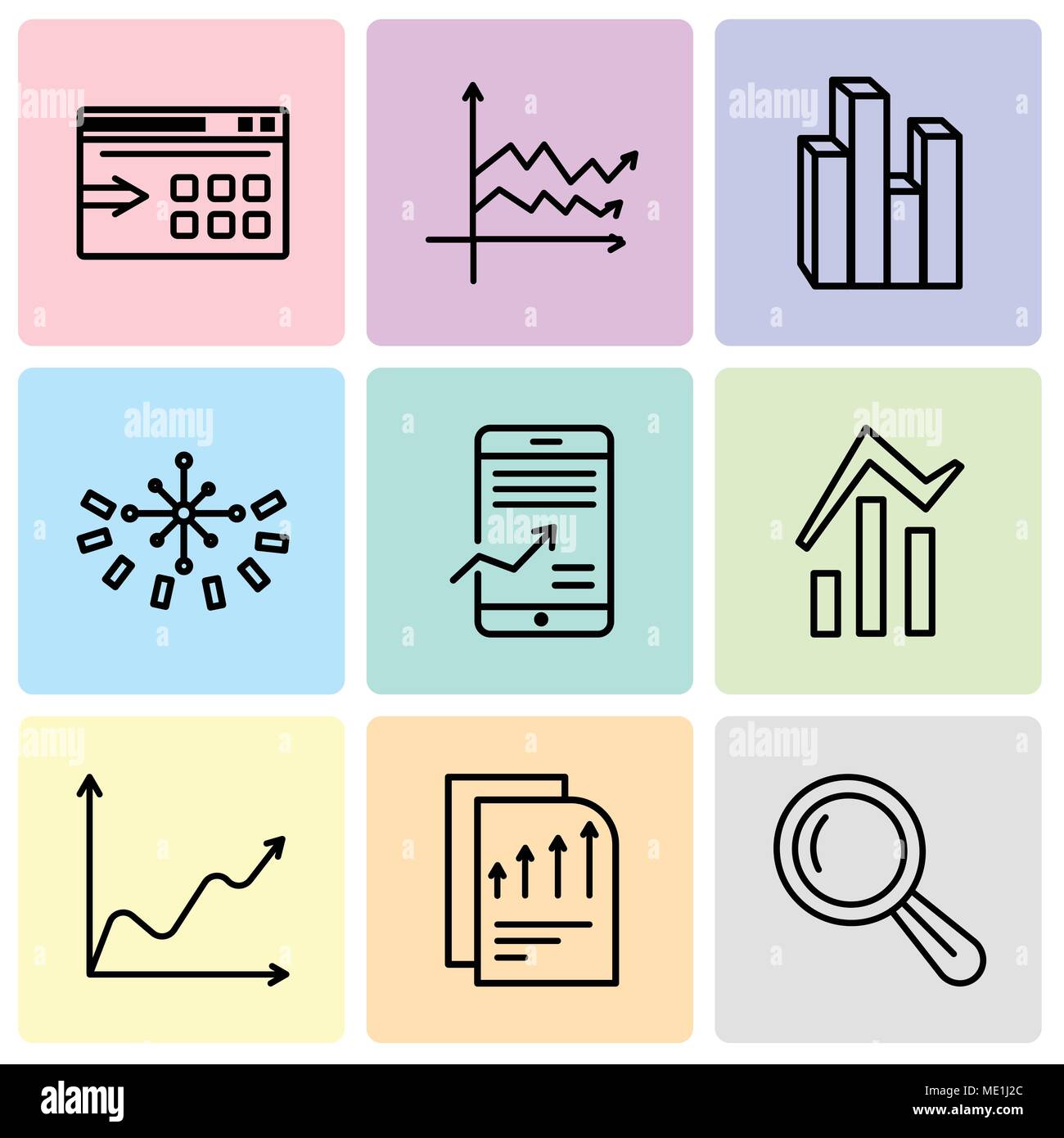 Set Of 9 simple editable icons such as Magnifier tool, Bars chart page, Data wave chart, Bars and data analytics, Mobile stock data analysis, Data ana Stock Vector