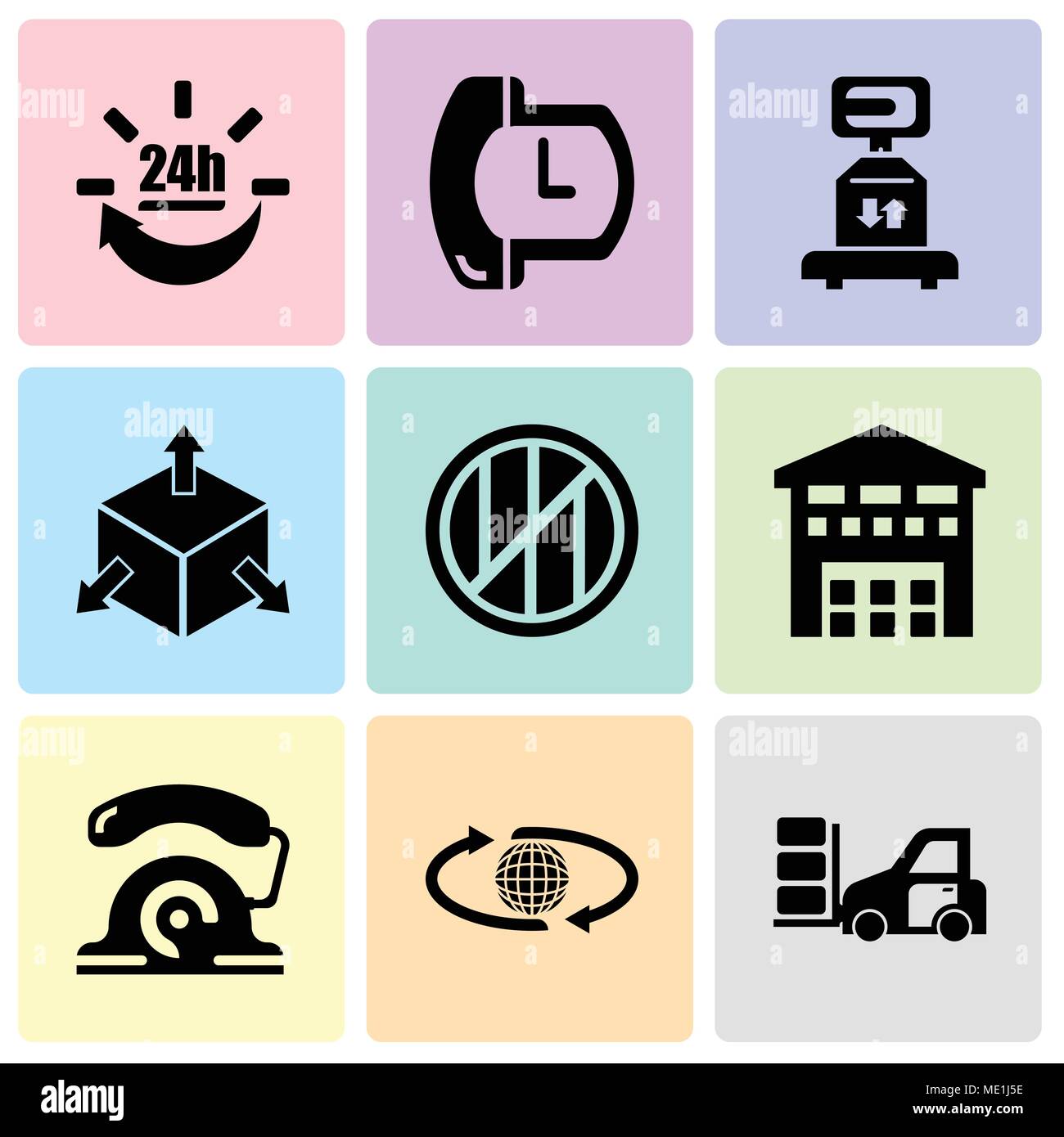 Set Of 9 simple editable icons such as Packages transportation on a truck, International delivery, telephone, Boxes piles sto inside a garage for deli Stock Vector