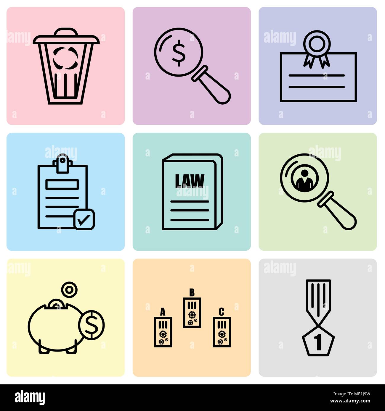 Set Of 9 simple editable icons such as winner, folder, money box, search person, law book, Check document, postcard, lens, trash, can be used for mobi Stock Vector