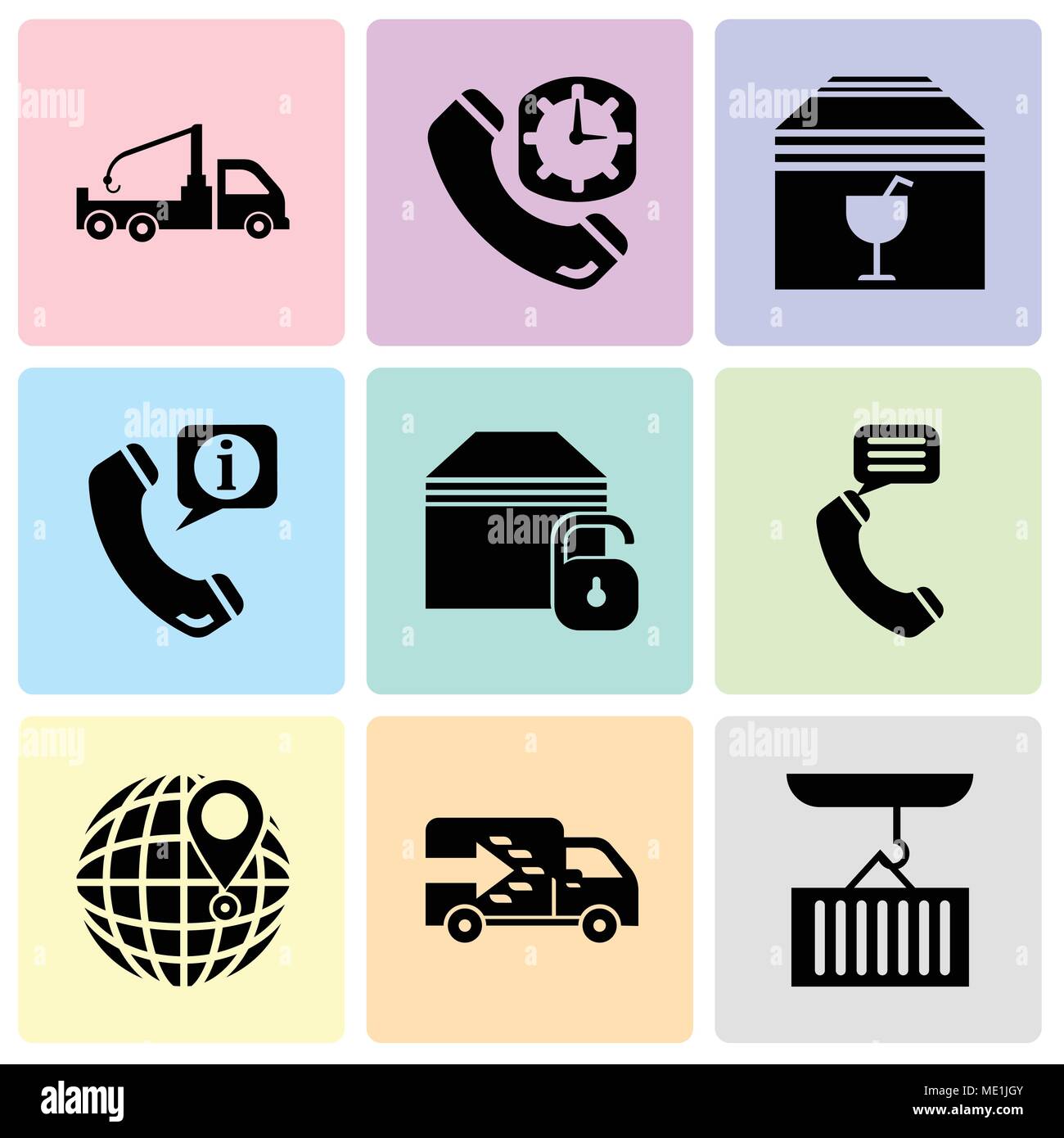 Set Of 9 simple editable icons such as Container hanging of a crane, Logistics truck, International delivery, Talking by phone auricular, Locked packa Stock Vector