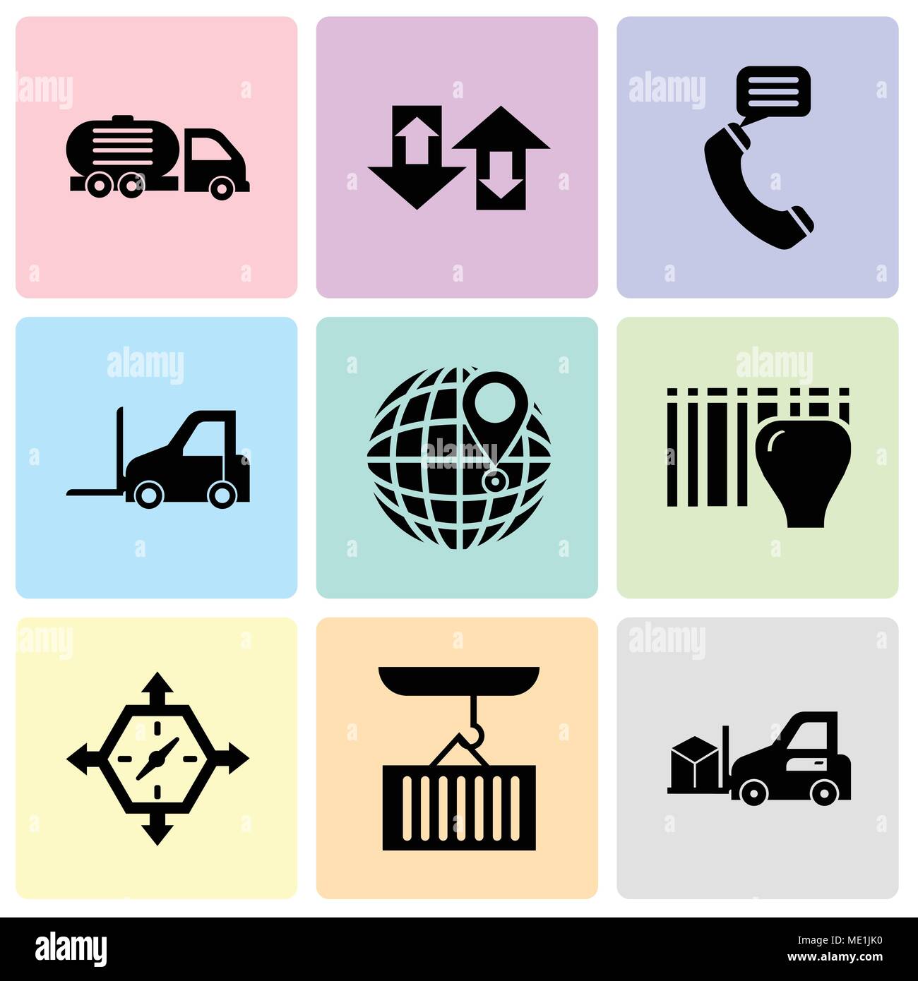 Set Of 9 simple editable icons such as Delivery transportation machine, Container hanging of a crane, Delivery time, Identification for delivery with  Stock Vector