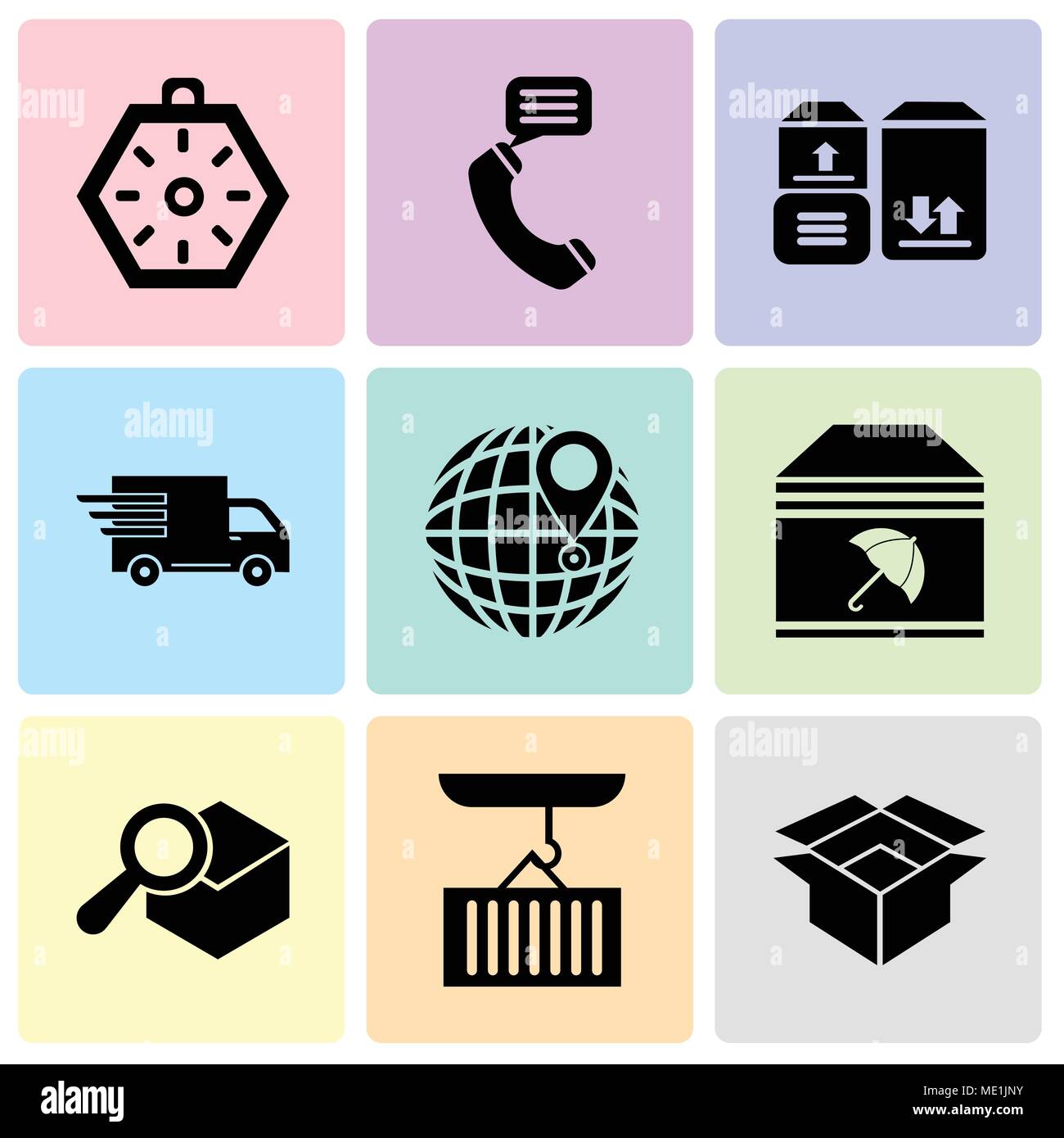 Set Of 9 simple editable icons such as Package for delivery, Container hanging of a crane, Search delivery service tool, Delivery package with umbrell Stock Vector