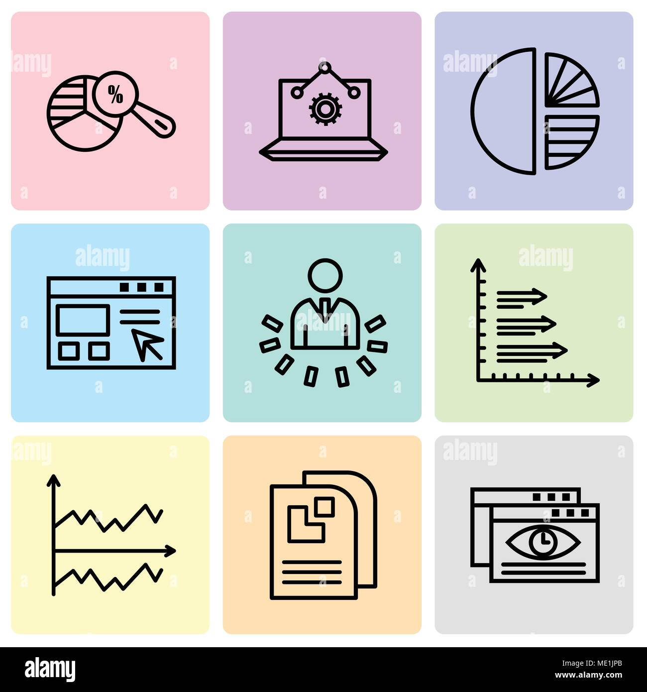 Set Of 9 simple editable icons such as Data viewer, Data page, Chart, Bars, User data analytics, Data import interface, Simple chart, Laptop Analysis, Stock Vector