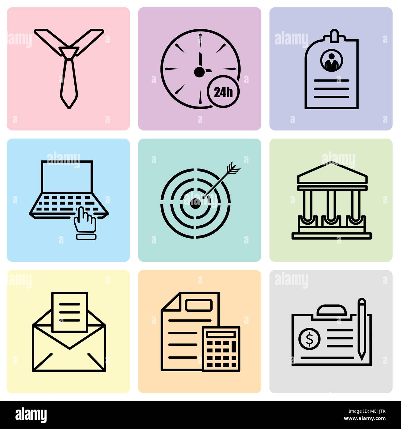 Set Of 9 simple editable icons such as contract, document & calculator, email, government building, target, computer, CV, watch, tie, can be used for  Stock Vector