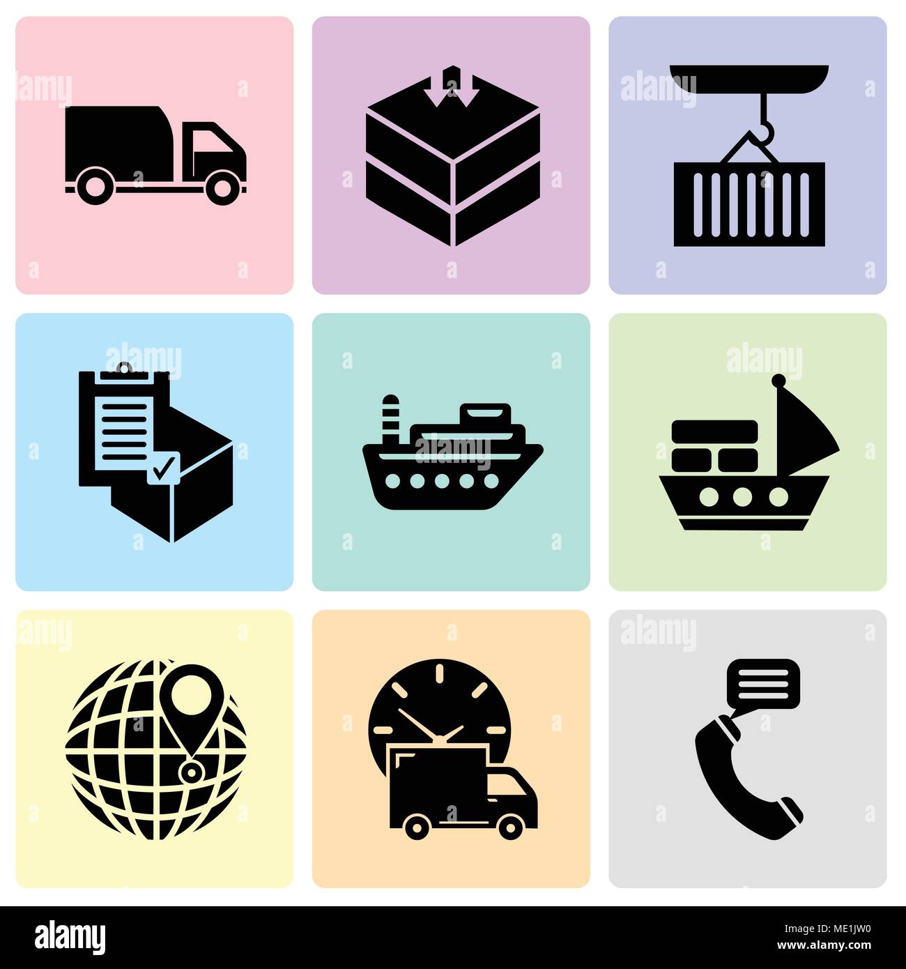 Set Of 9 simple editable icons such as Talking by phone auricular, Logistics delivery truck and clock, International delivery, Sea ship with container Stock Vector