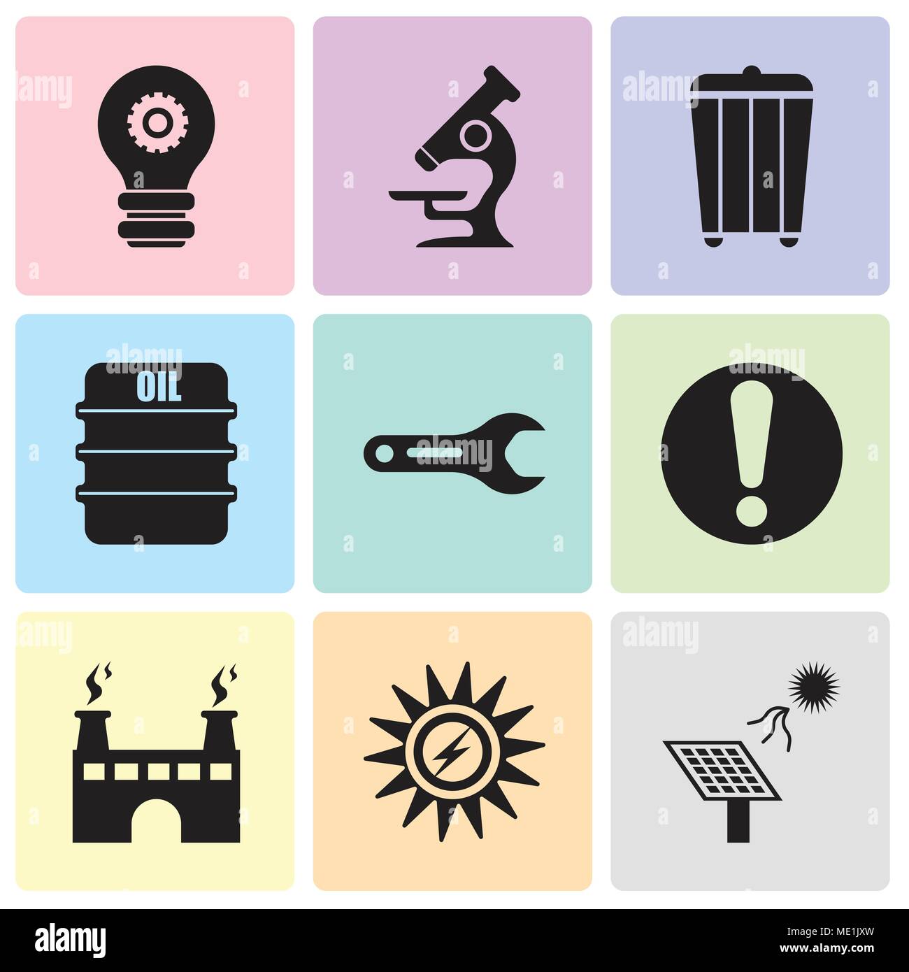 Set Of 9 simple editable icons such as solar battery, Sun Energy, factory, exclamation, pipe wrench, oil, trash, microscope, setting lamp, can be used Stock Vector