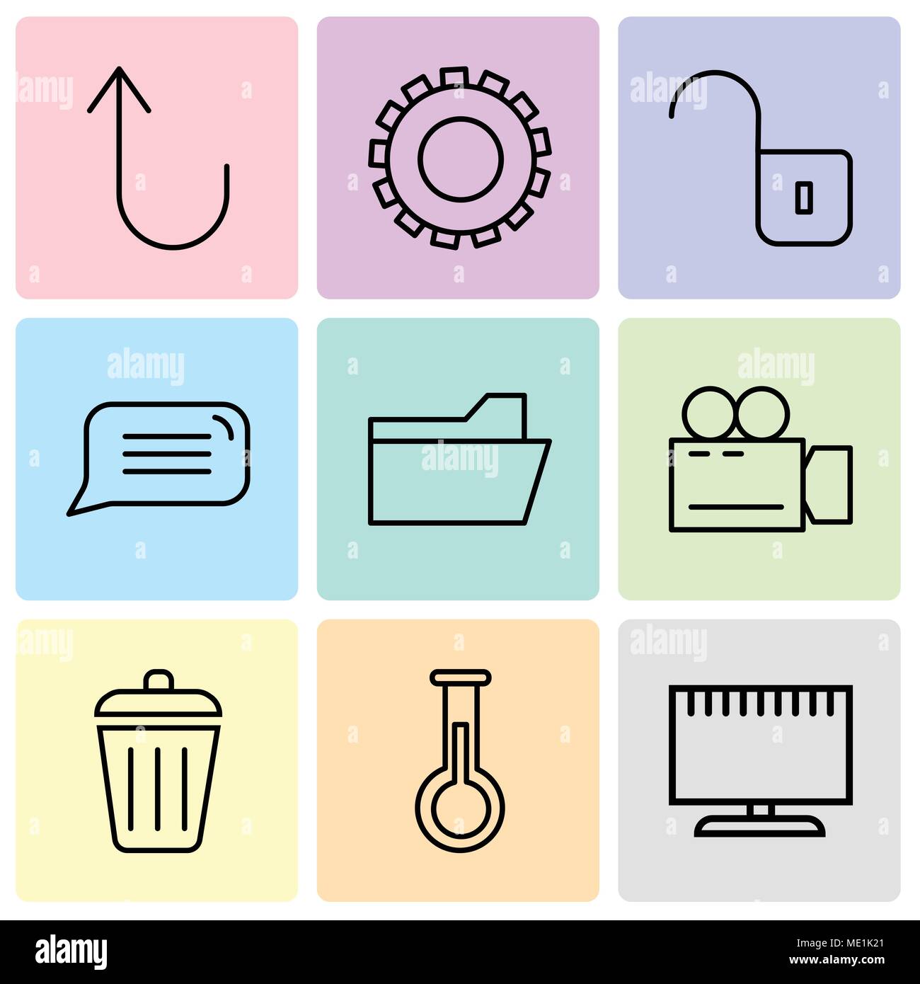 Set Of 9 simple editable icons such as Television, Erlenmeyer Flask, Dustbin, Video camera, File folder, Speech bubble, Unlocked padlock, Gear, Cancel Stock Vector
