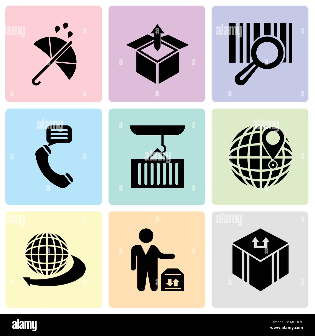 Set Of 9 simple editable icons such as Delivery package, Man standing with delivery box, International delivery business, International delivery, Cont Stock Vector
