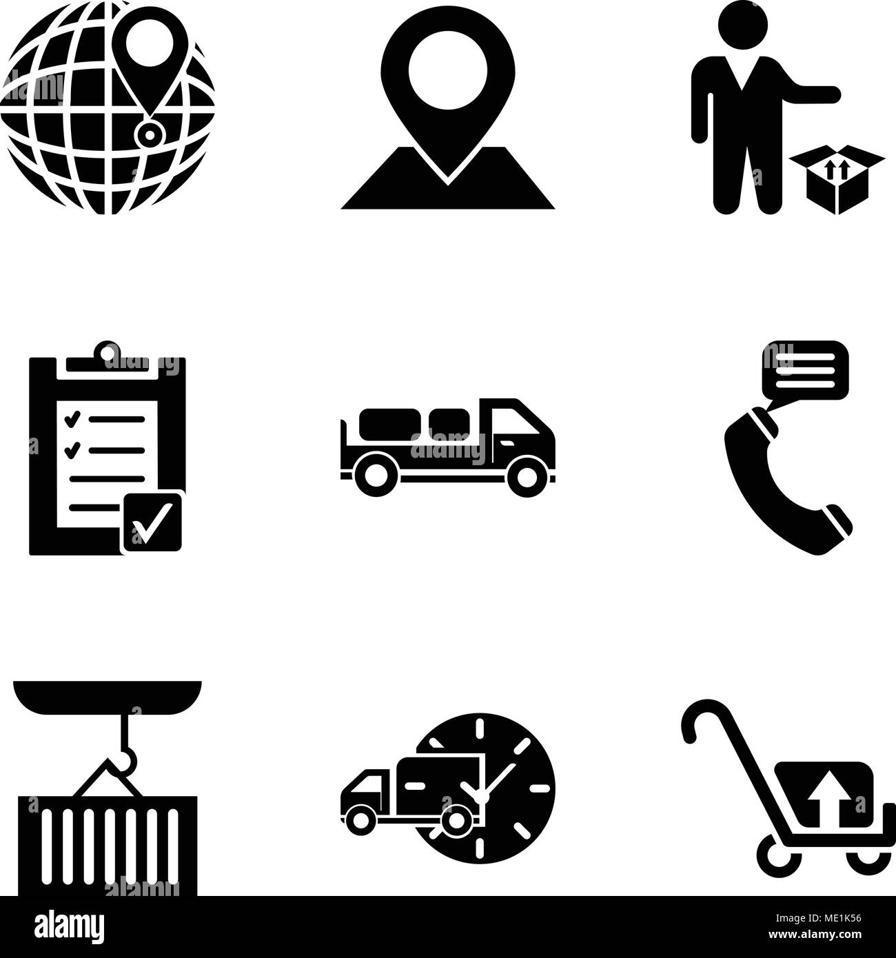 Set Of 9 simple editable icons such as Package transport for delivery, Delivery truck with circular clock, Container hanging of a crane, Talking by ph Stock Vector