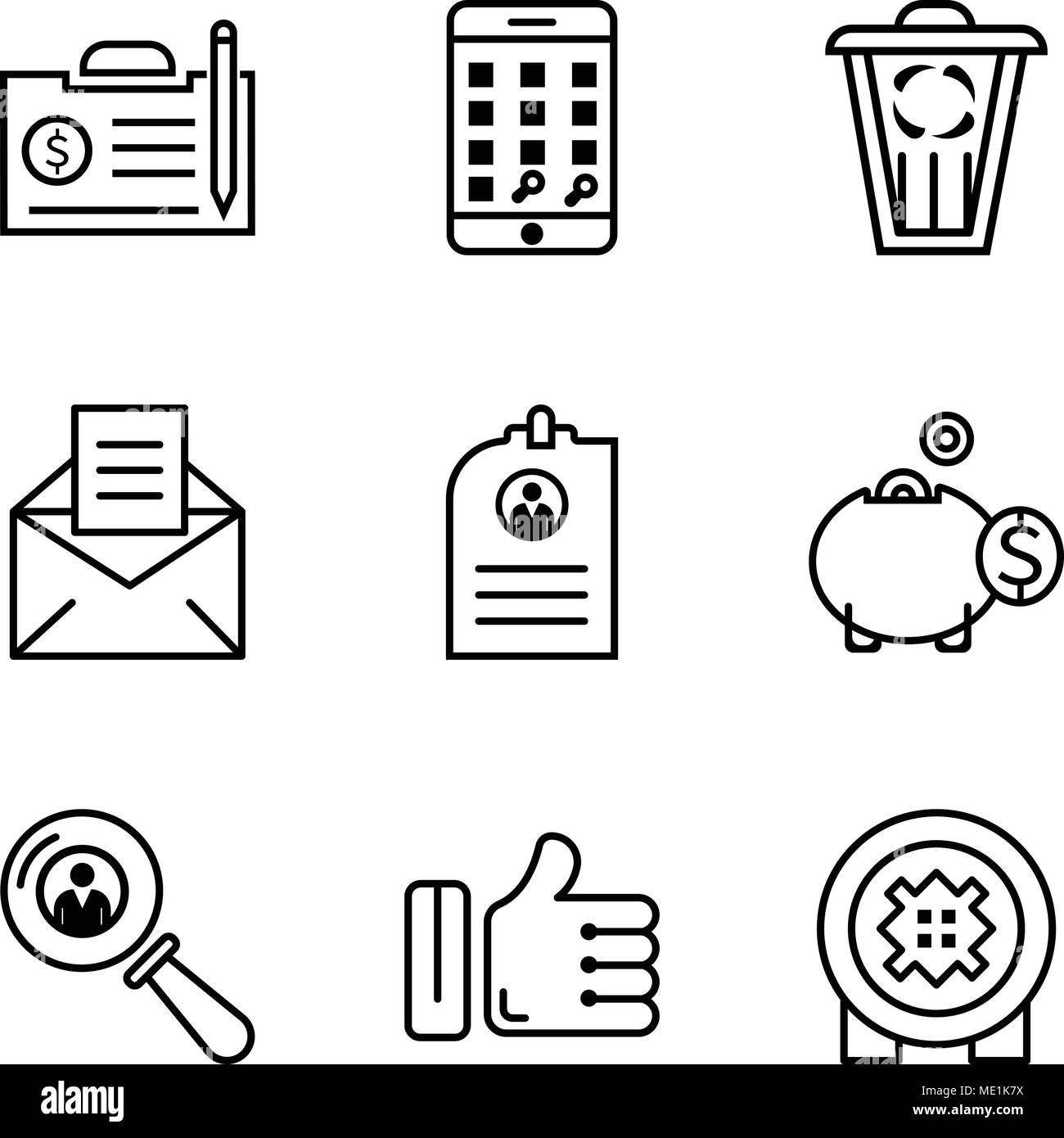 Set Of 9 simple editable icons such as bank safe, like, search person, money box, CV, email, trash, telephone, contract, can be used for mobile, web U Stock Vector