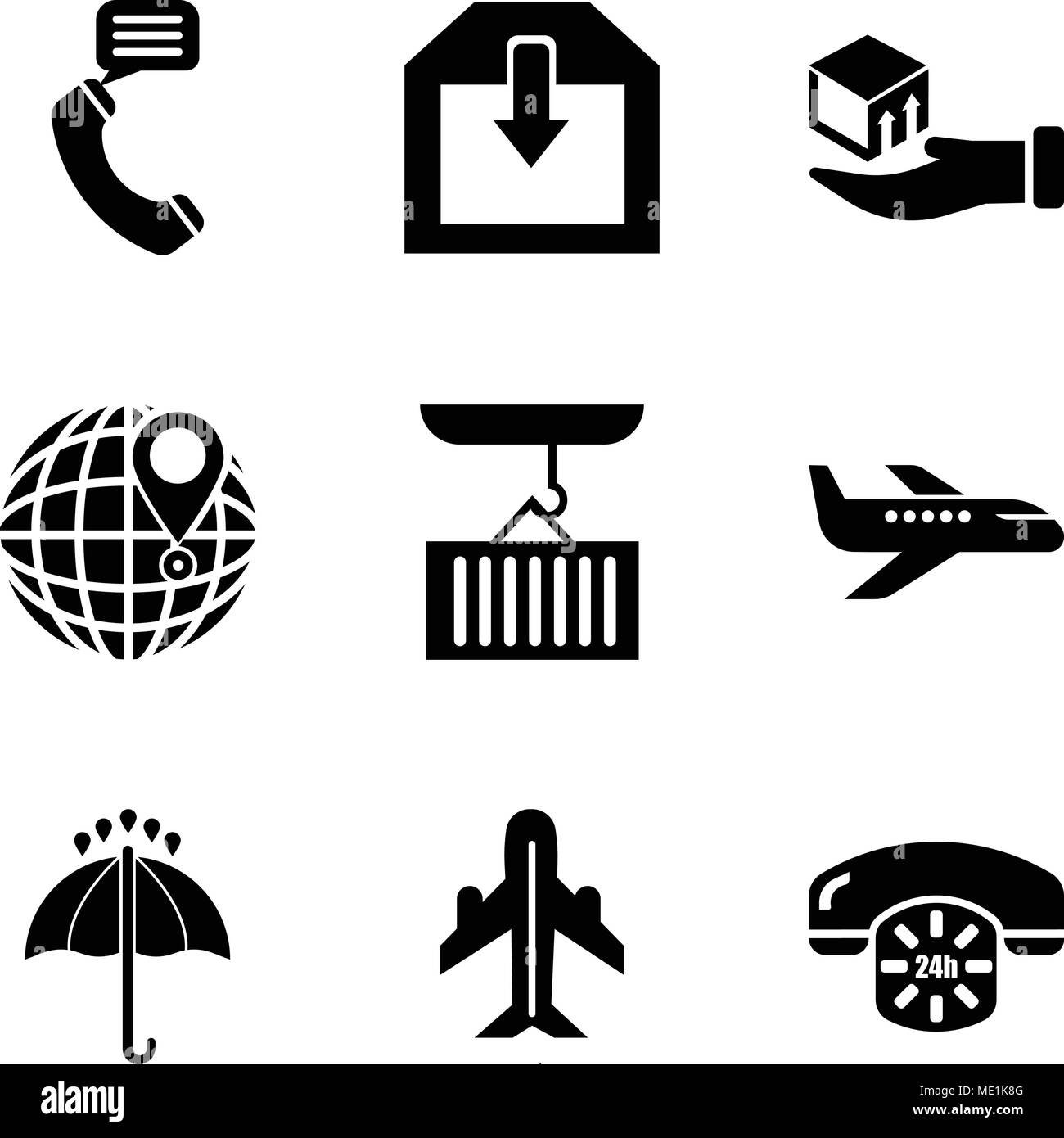 Set Of 9 simple editable icons such as 24 hours phone service, Airplane in vertical ascending position, Black opened umbrella, Air transport, Containe Stock Vector