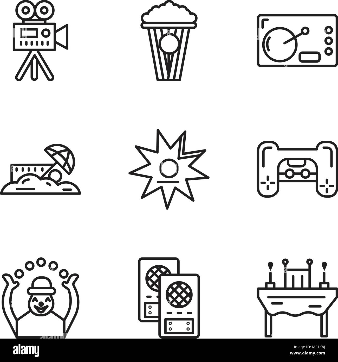 Set Of 9 simple editable icons such as Dinner, Loudspeaker, Monkey, Playstation, Walk of fame, Sand, Coffee, Popcorn, Video camera, can be used for mo Stock Vector